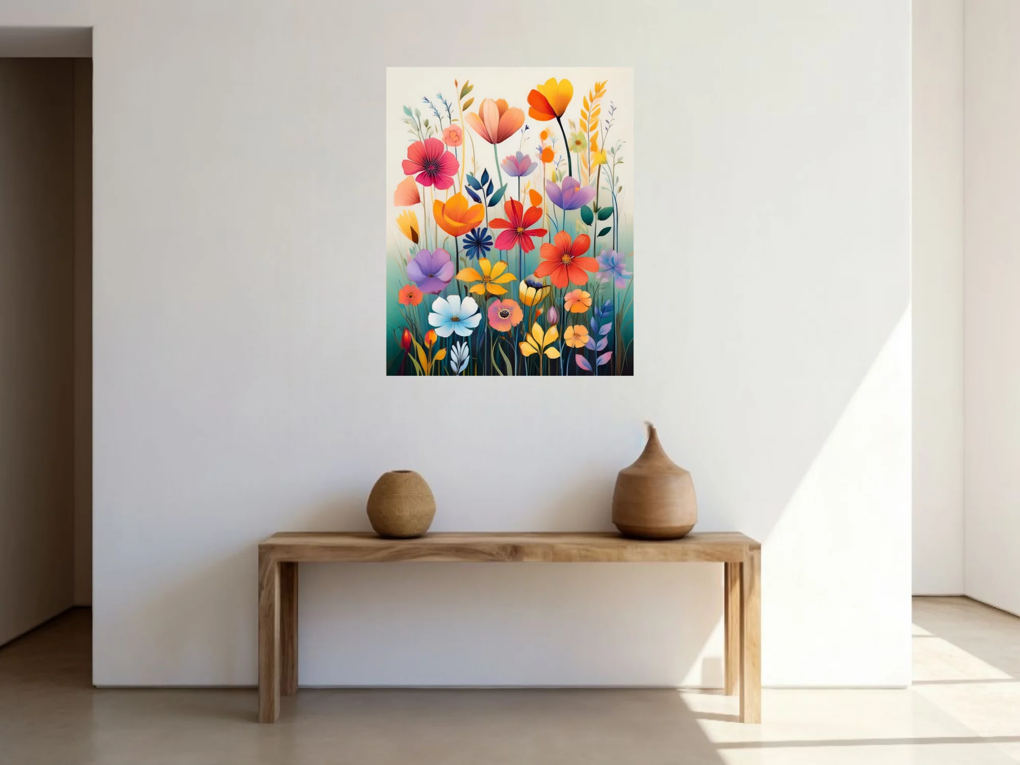 Colorful abstract wildflower illustration with painterly washes, vibrant multi-hued blooms