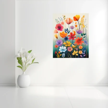 Colorful abstract wildflower illustration with painterly washes, vibrant multi-hued blooms