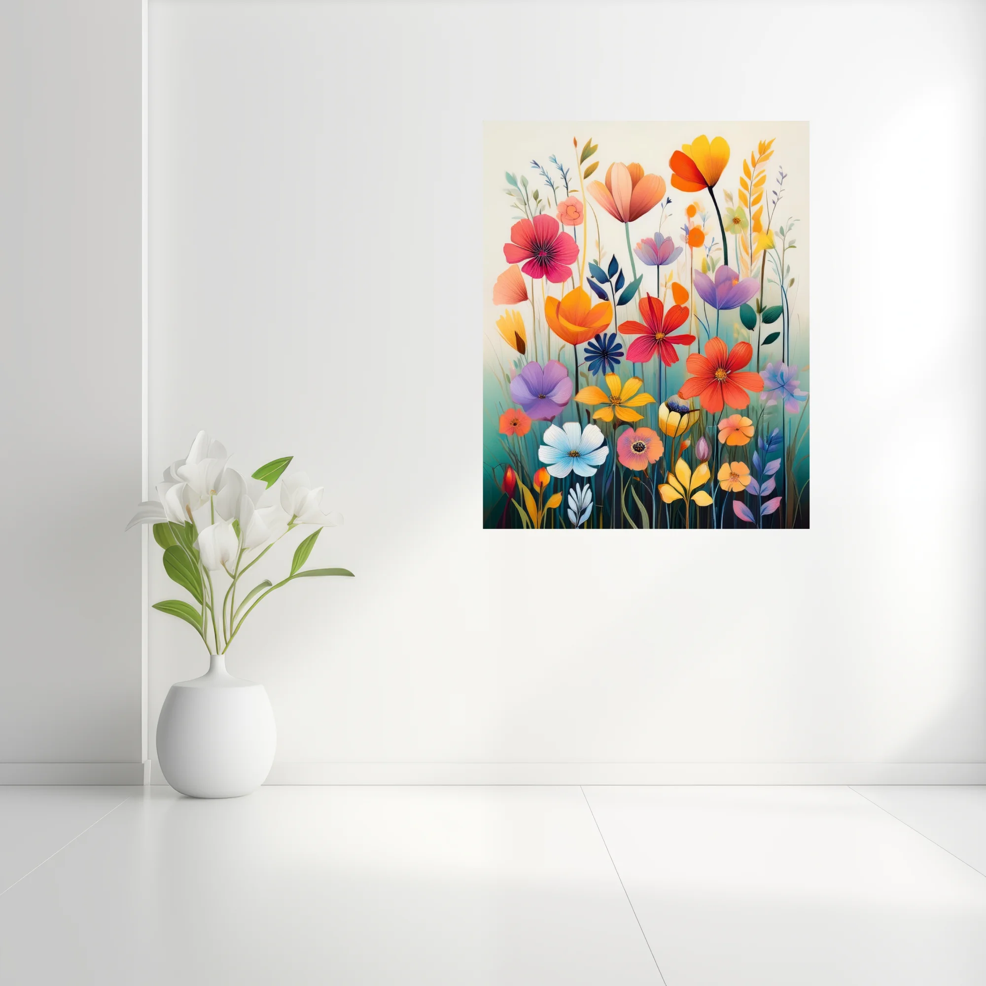 Colorful abstract wildflower illustration with painterly washes, vibrant multi-hued blooms