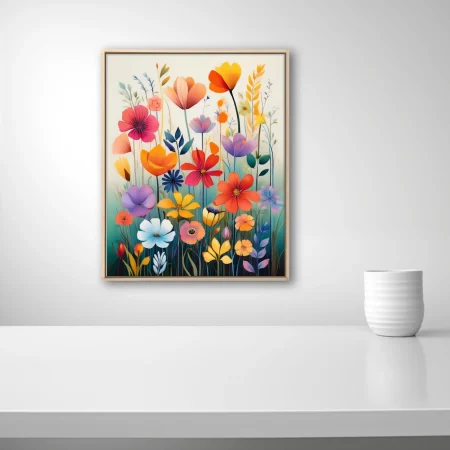 Colorful abstract wildflower illustration with painterly washes, vibrant multi-hued blooms