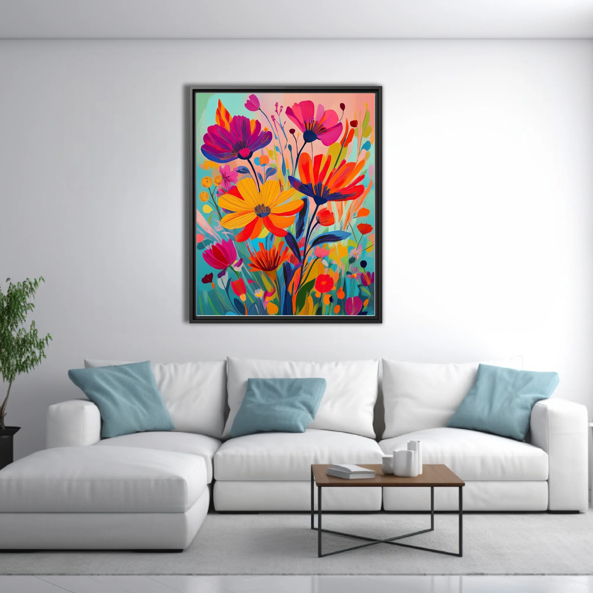 Vivid abstract wildflower composition in bold magenta, yellow, and red tones