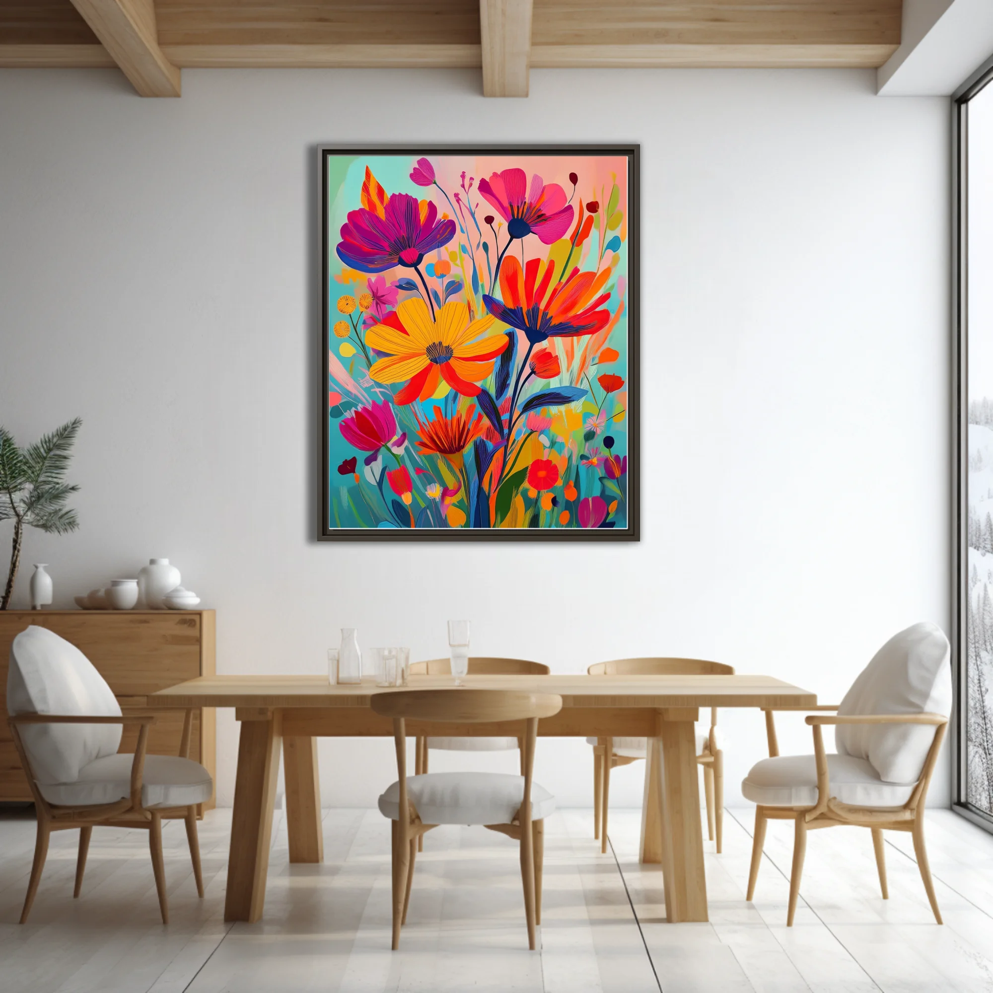 Vivid abstract wildflower composition in bold magenta, yellow, and red tones