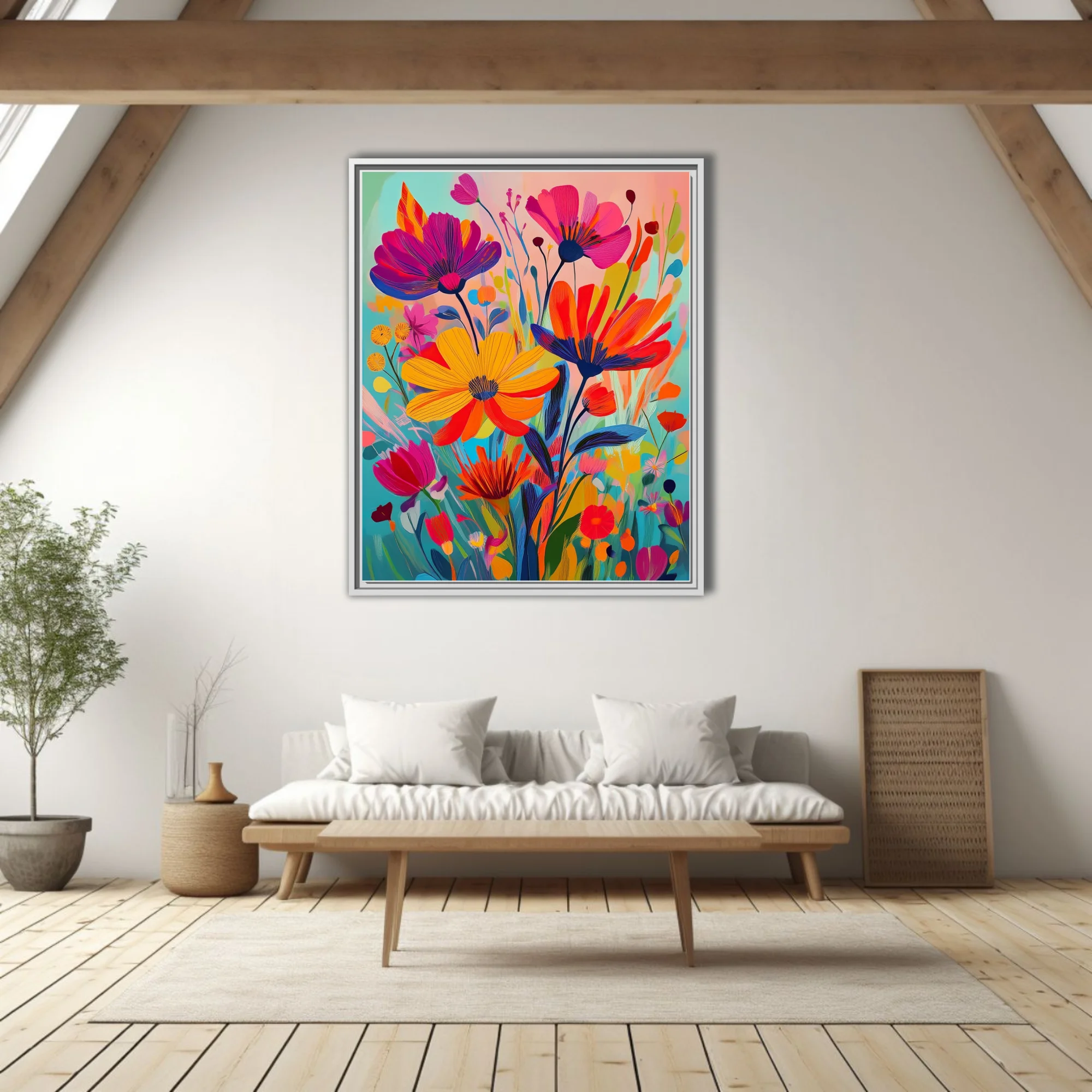 Vivid abstract wildflower composition in bold magenta, yellow, and red tones