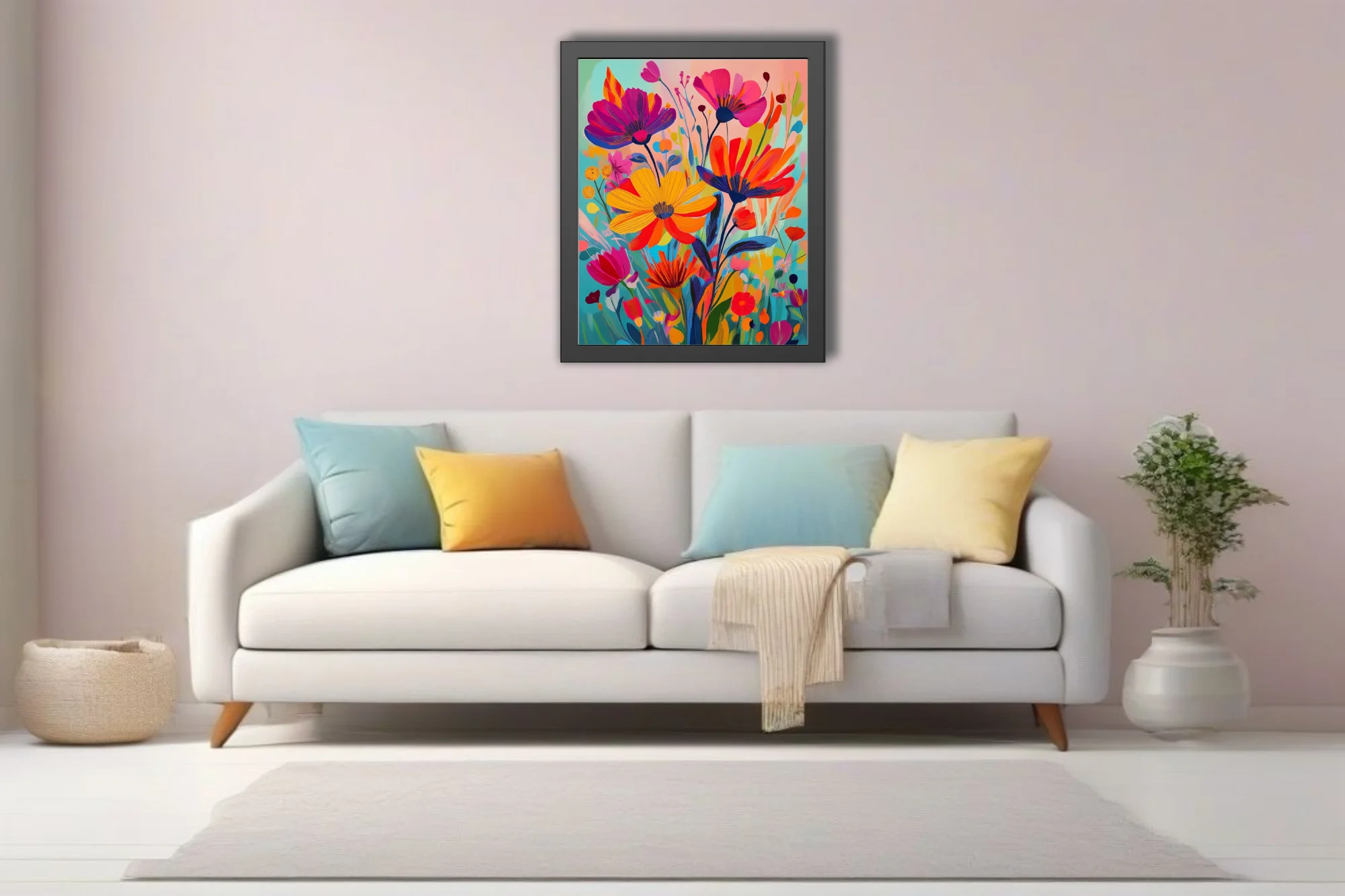 Vivid abstract wildflower composition in bold magenta, yellow, and red tones
