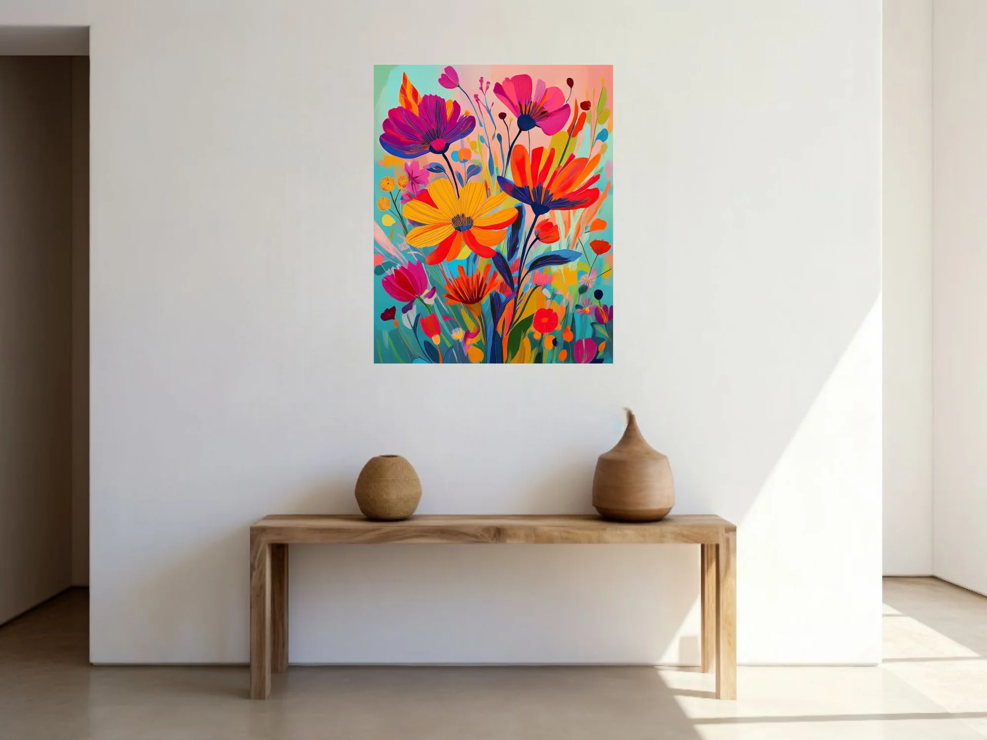 Vivid abstract wildflower composition in bold magenta, yellow, and red tones