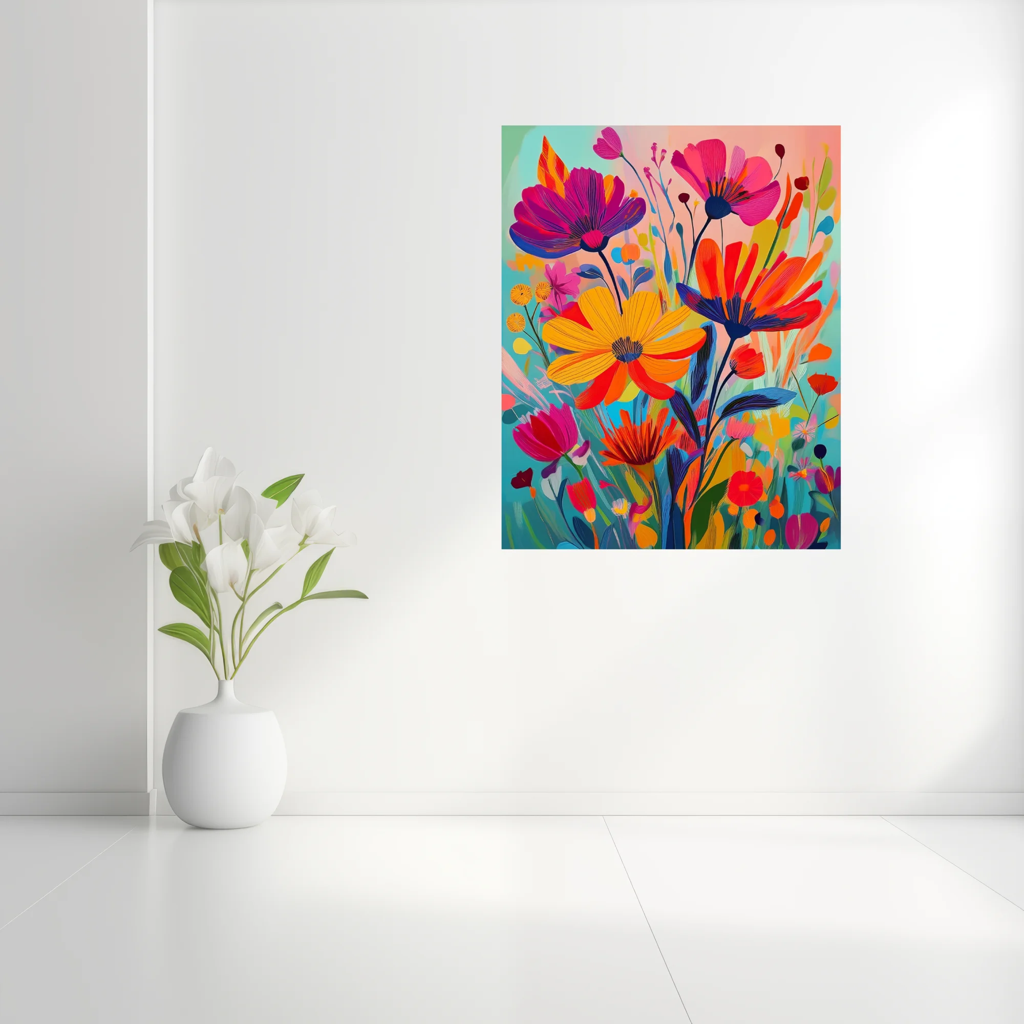Vivid abstract wildflower composition in bold magenta, yellow, and red tones