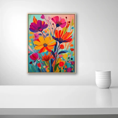 Vivid abstract wildflower composition in bold magenta, yellow, and red tones