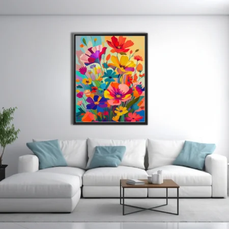 Bold abstract wildflowers in saturated reds, yellows, purples and teal