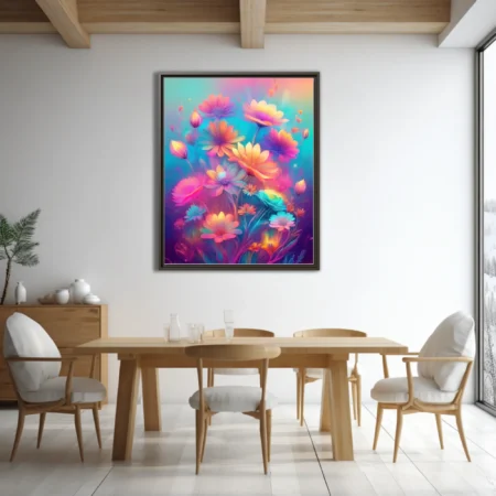 Neon-palette abstract floral fantasy with luminous daisy-like blooms in pink, teal, and gold