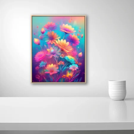 Neon-palette abstract floral fantasy with luminous daisy-like blooms in pink, teal, and gold