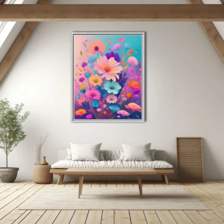 Vibrant pastel wildflower illustration with pink, teal, purple, and orange blooms
