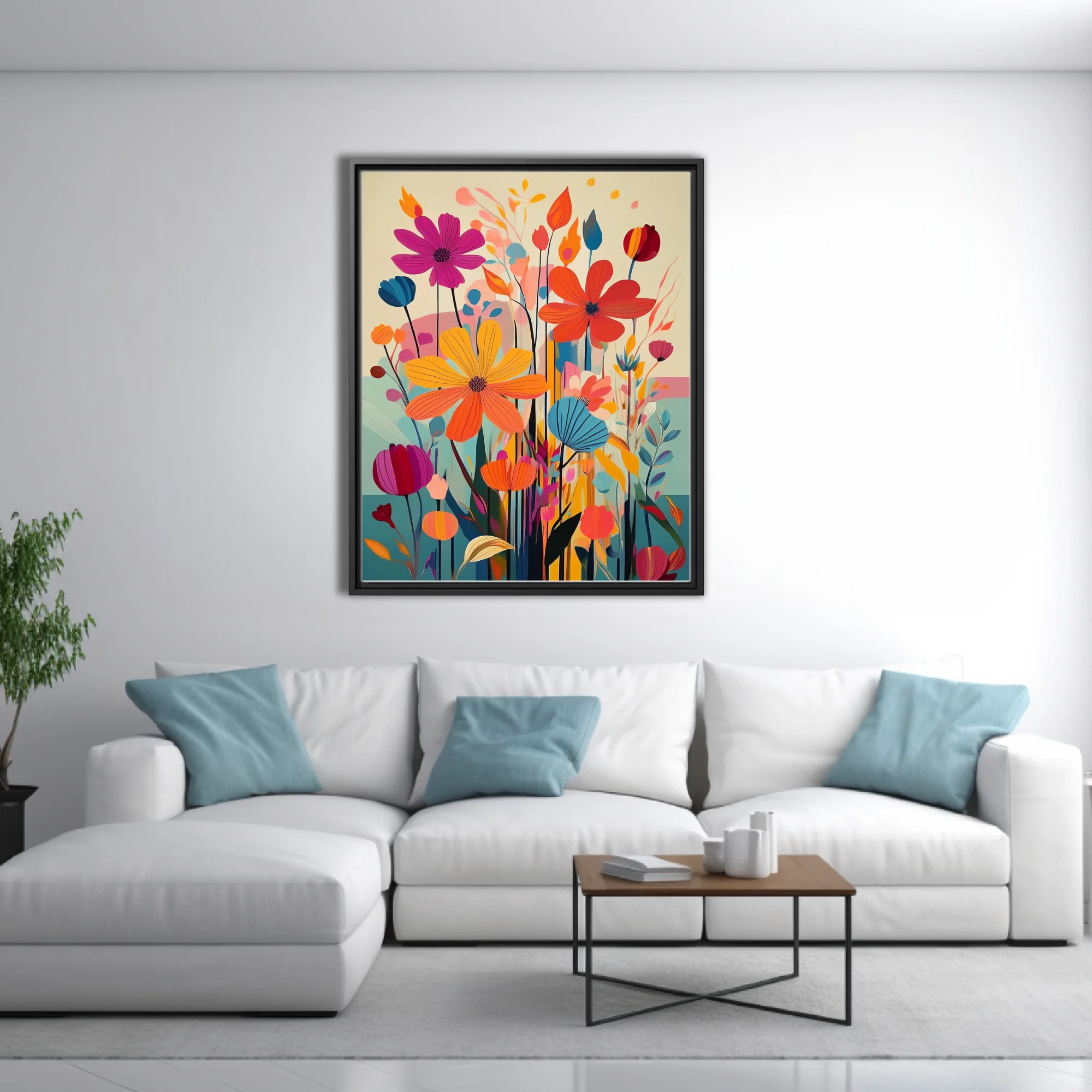 Vibrant abstract floral illustration with bold graphic blooms in orange, pink and blue