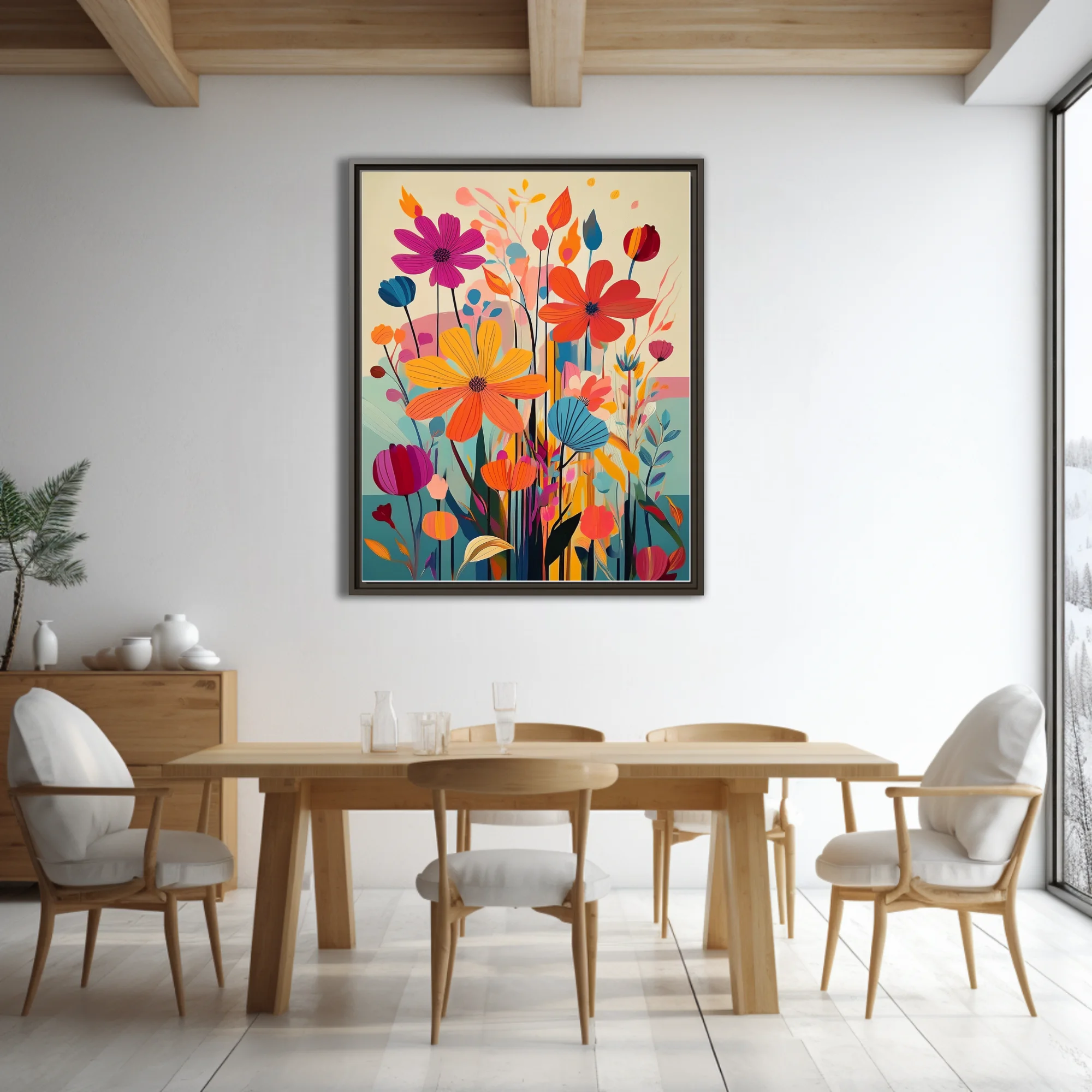 Vibrant abstract floral illustration with bold graphic blooms in orange, pink and blue
