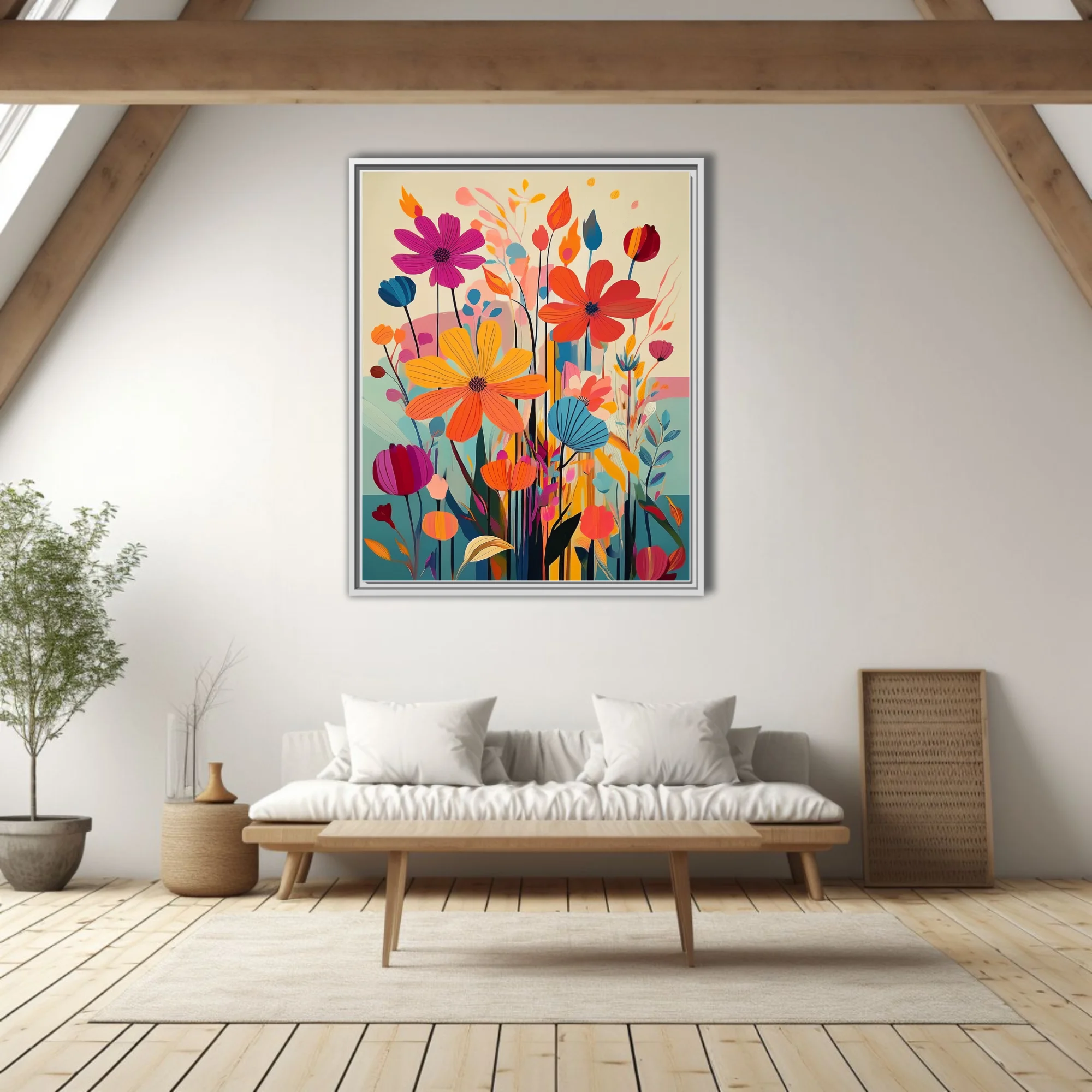 Vibrant abstract floral illustration with bold graphic blooms in orange, pink and blue