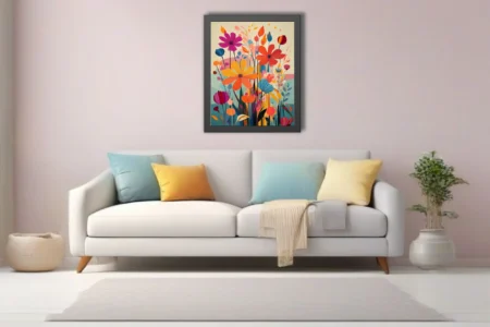 Vibrant abstract floral illustration with bold graphic blooms in orange, pink and blue