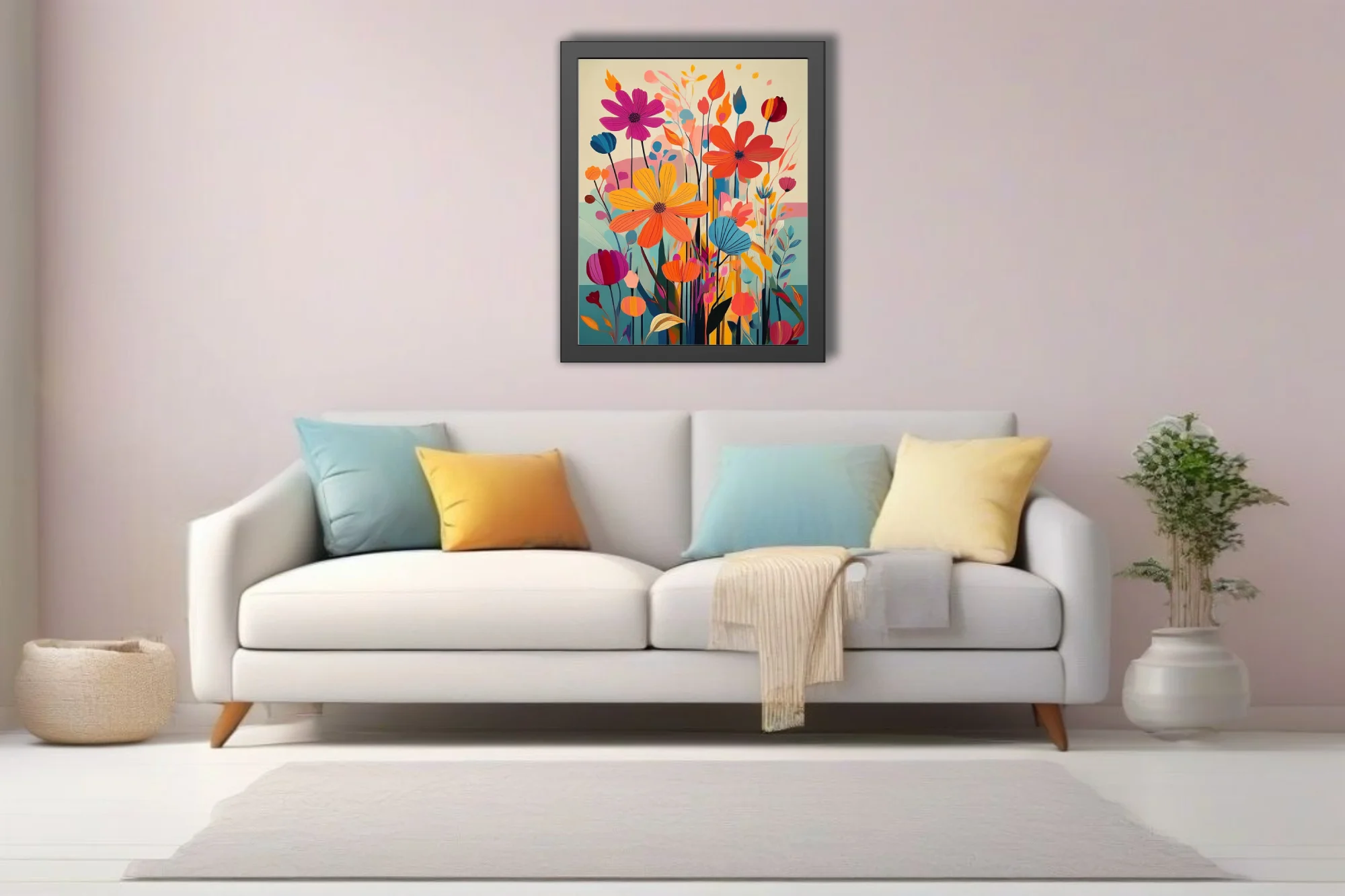 Vibrant abstract floral illustration with bold graphic blooms in orange, pink and blue