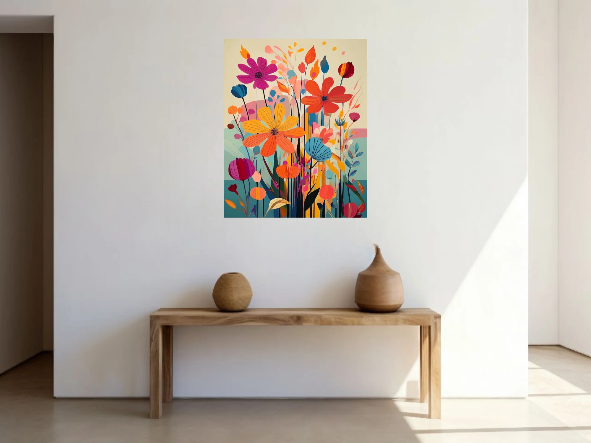 Vibrant abstract floral illustration with bold graphic blooms in orange, pink and blue