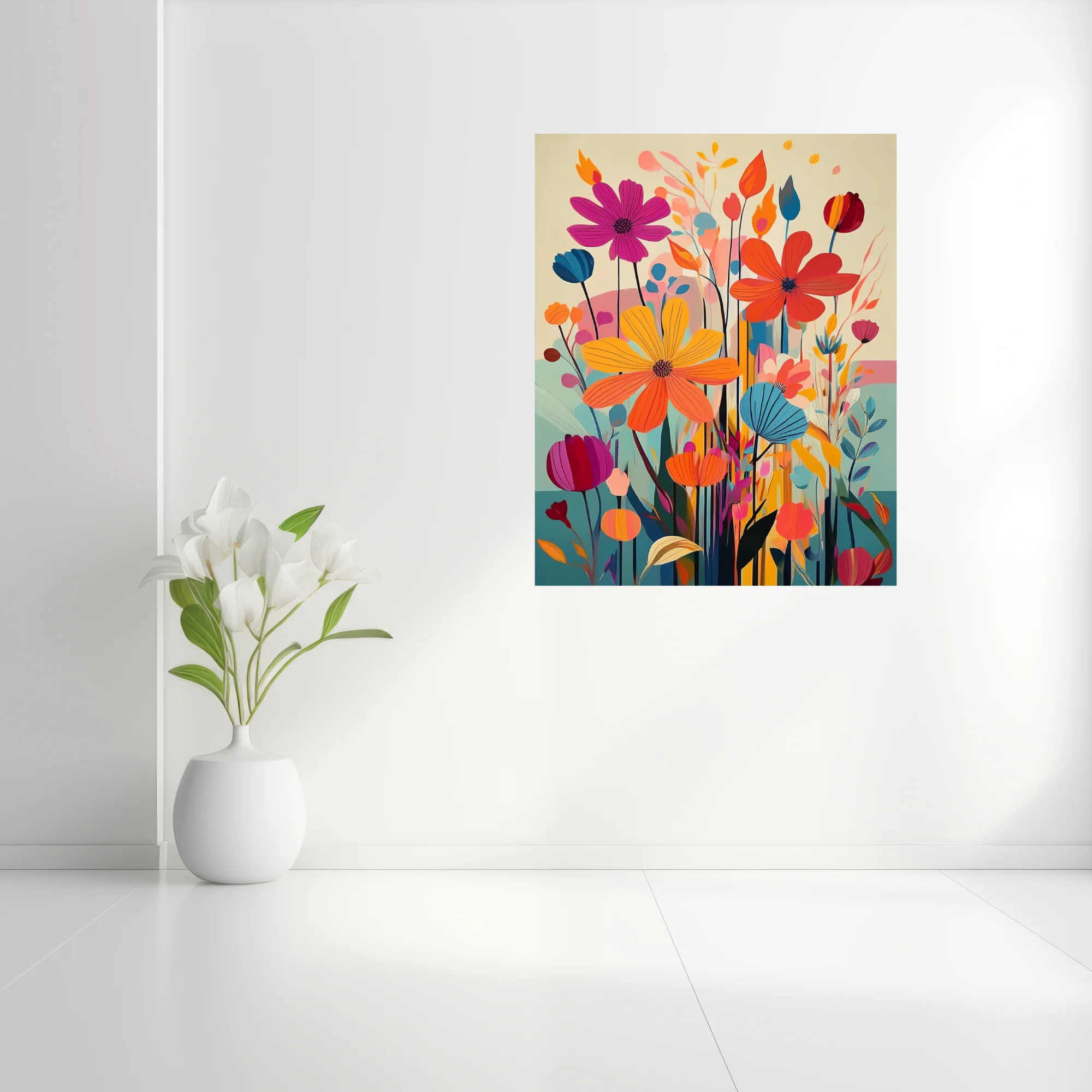 Vibrant abstract floral illustration with bold graphic blooms in orange, pink and blue