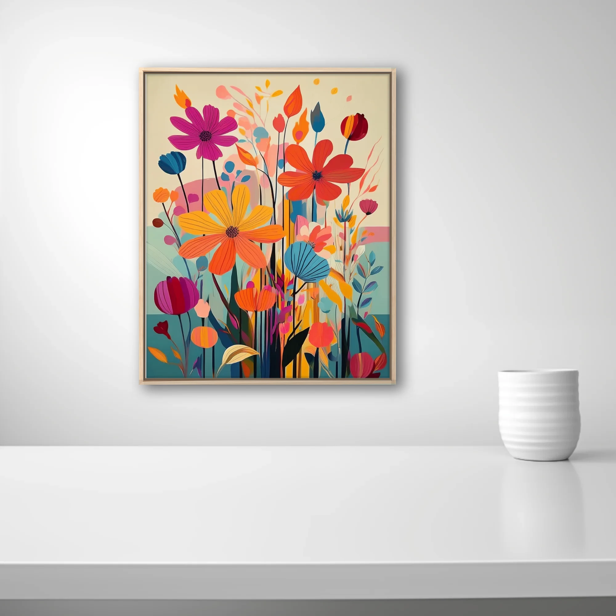 Vibrant abstract floral illustration with bold graphic blooms in orange, pink and blue