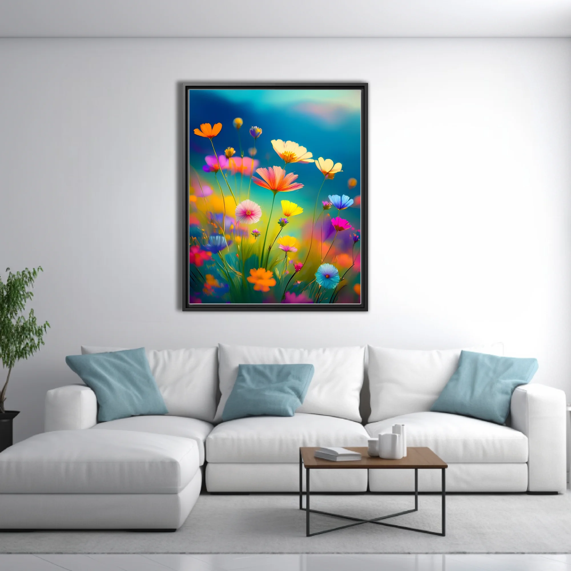 Vibrant abstract wildflower meadow illustration, rainbow blooms on teal sky background