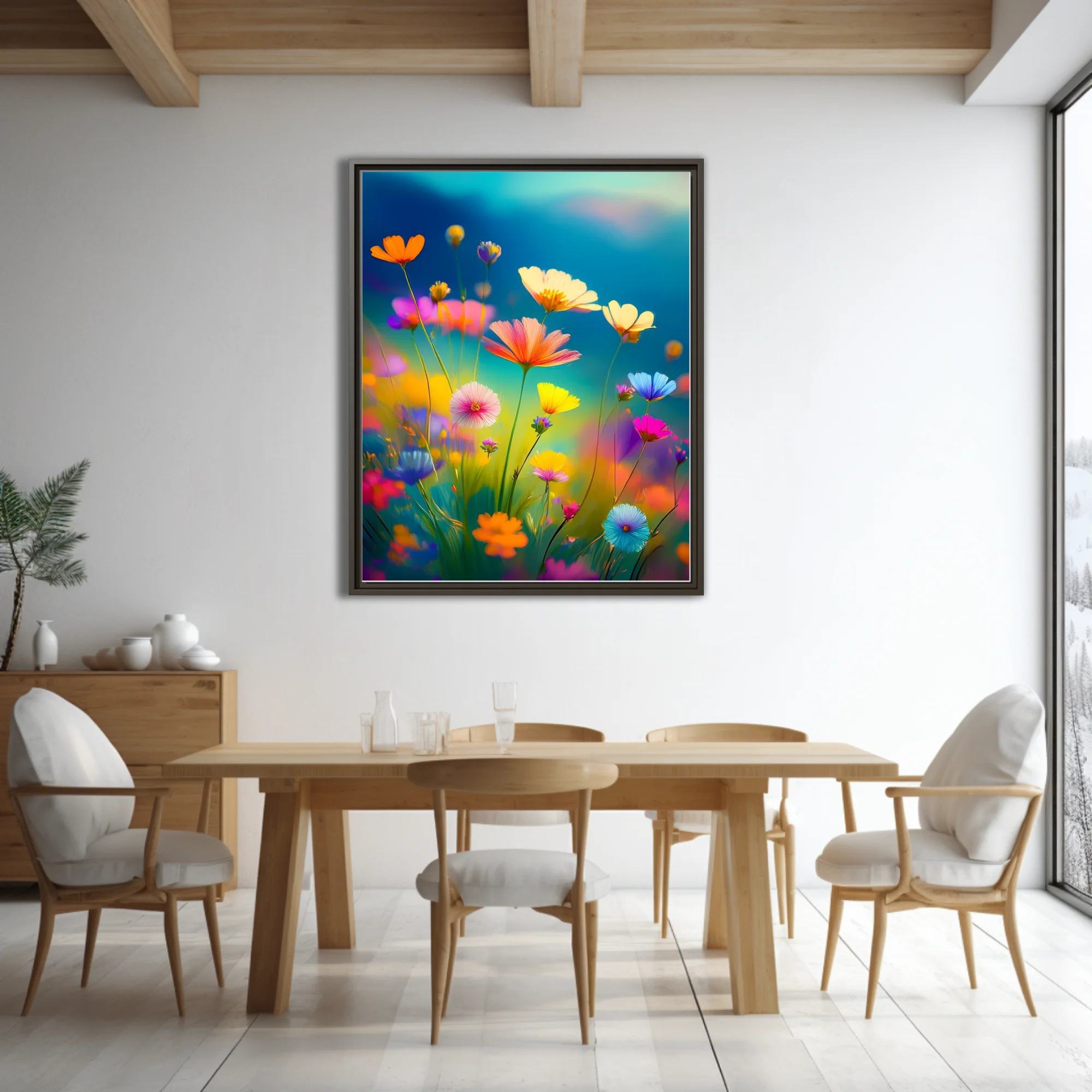 Vibrant abstract wildflower meadow illustration, rainbow blooms on teal sky background