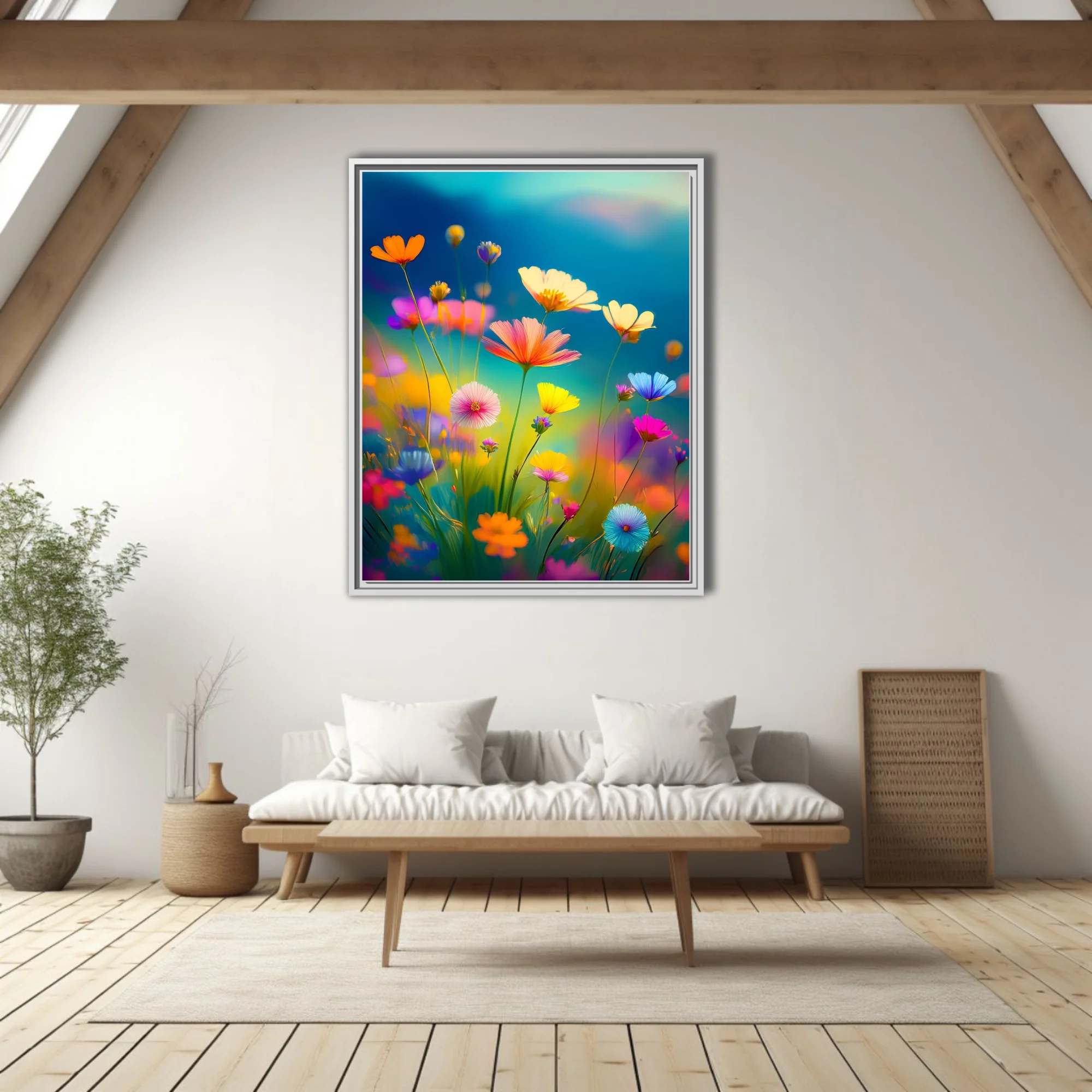 Vibrant abstract wildflower meadow illustration, rainbow blooms on teal sky background