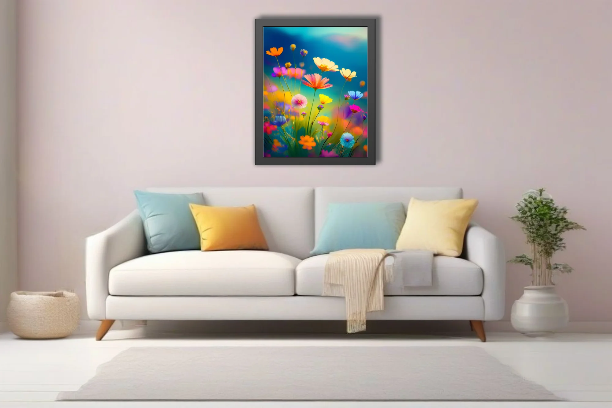 Vibrant abstract wildflower meadow illustration, rainbow blooms on teal sky background