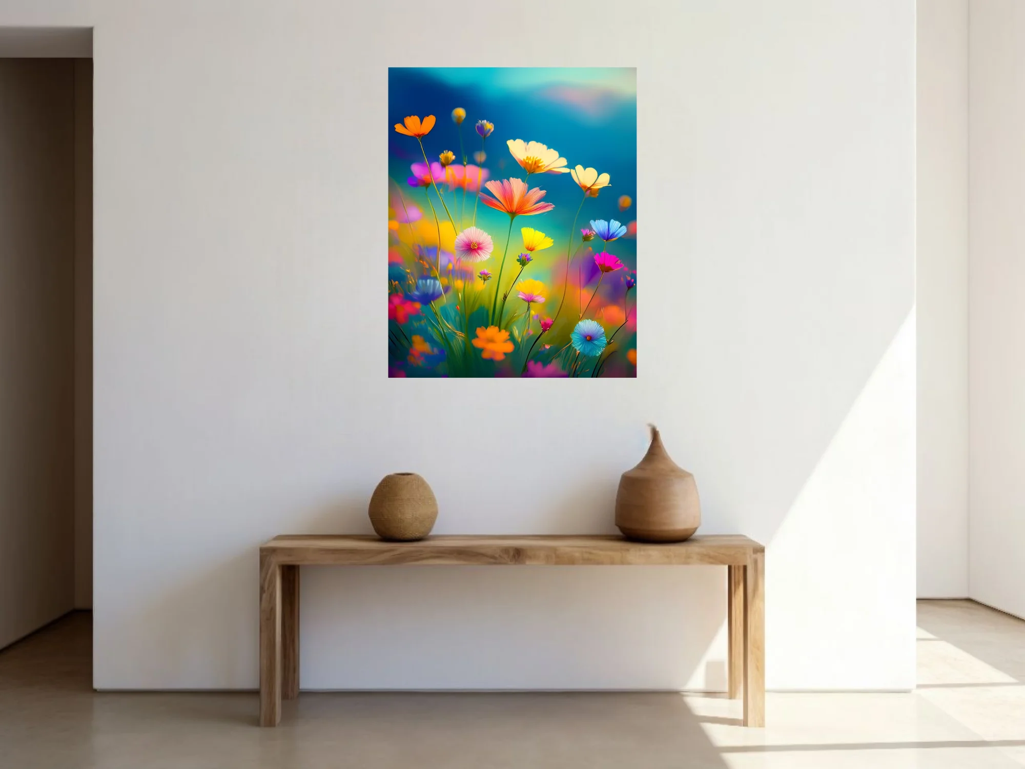 Vibrant abstract wildflower meadow illustration, rainbow blooms on teal sky background