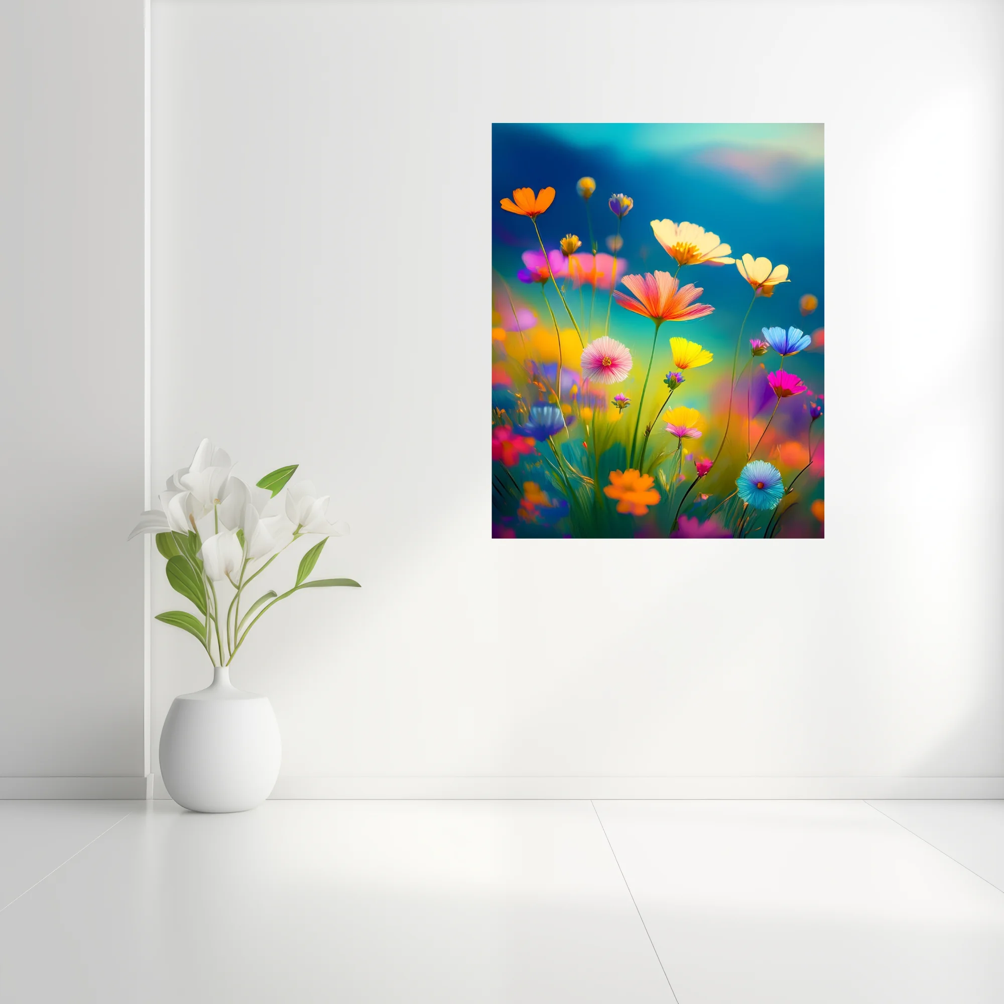 Vibrant abstract wildflower meadow illustration, rainbow blooms on teal sky background