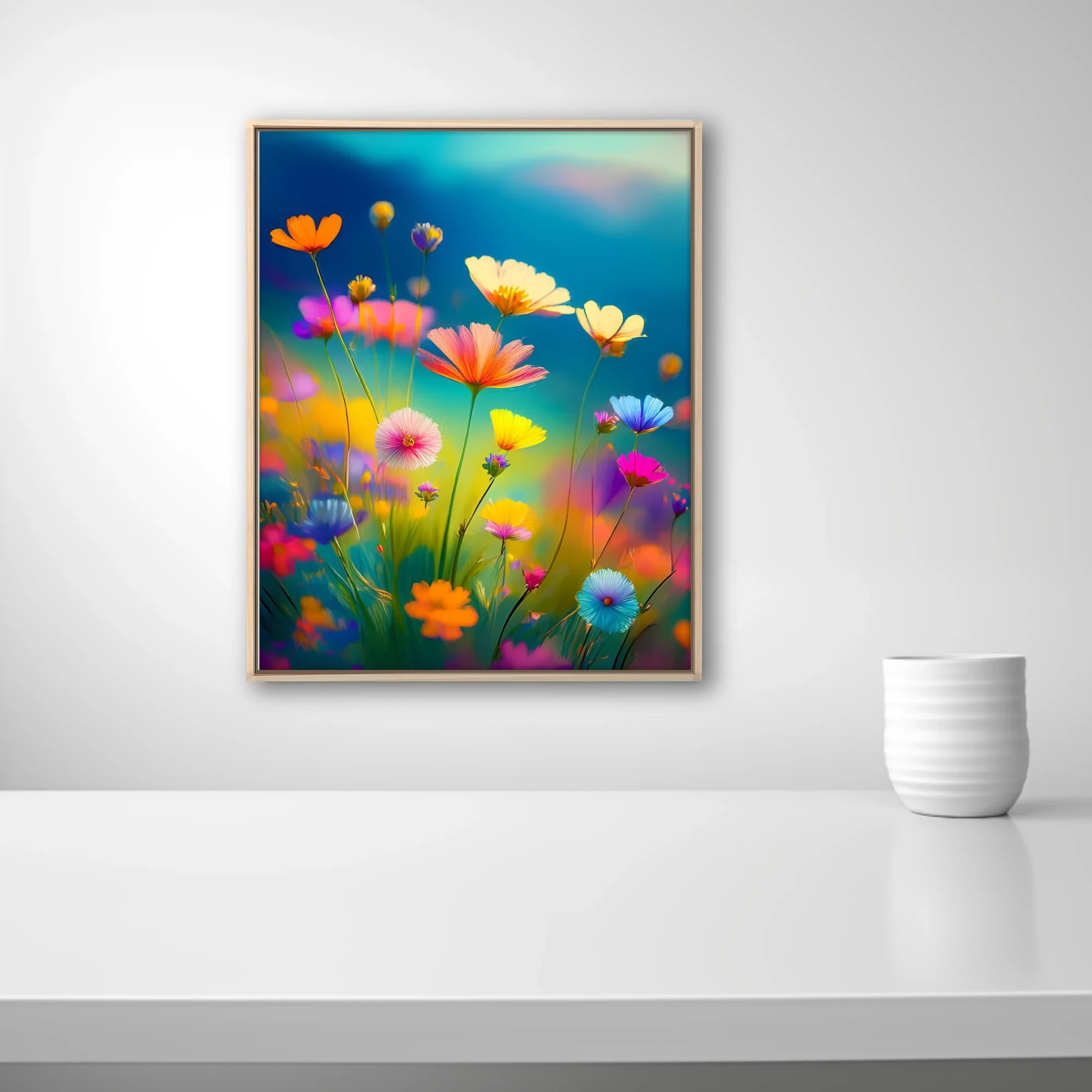 Vibrant abstract wildflower meadow illustration, rainbow blooms on teal sky background