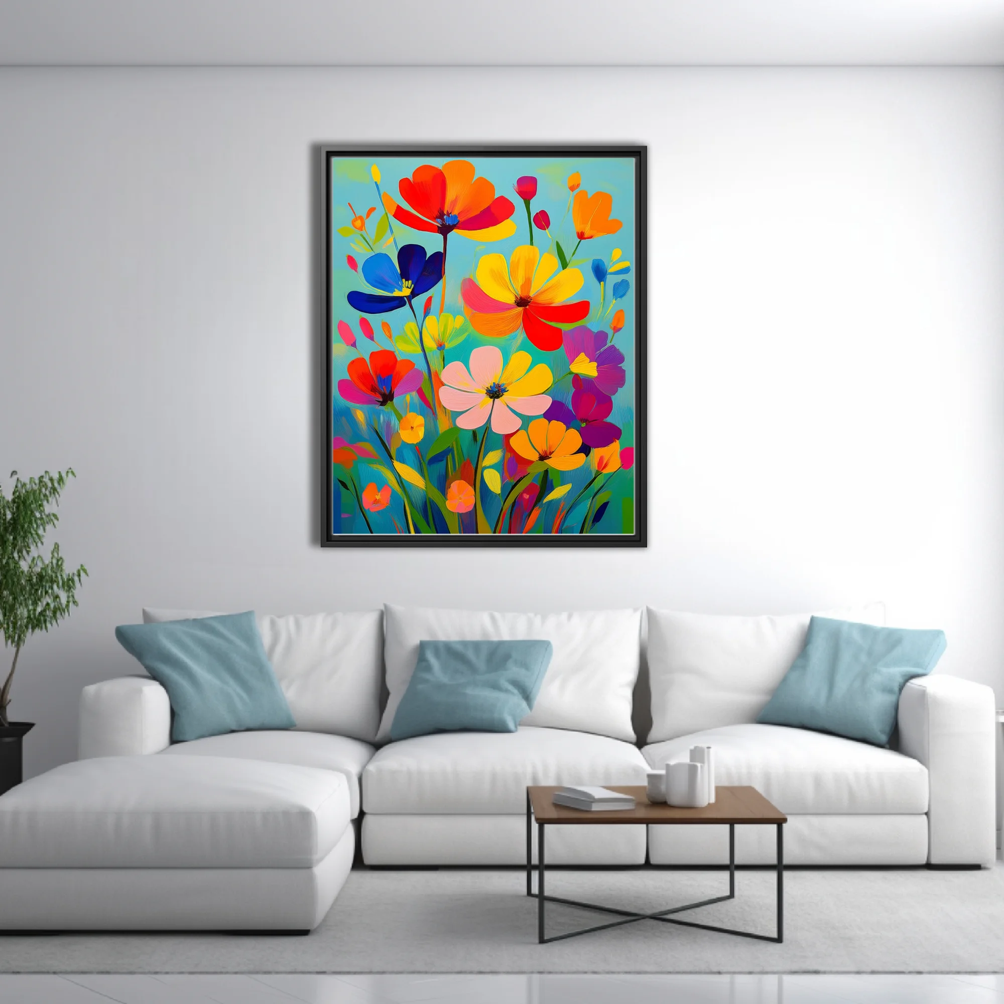 Saturated abstract floral composition in bold red, yellow, blue, and orange strokes