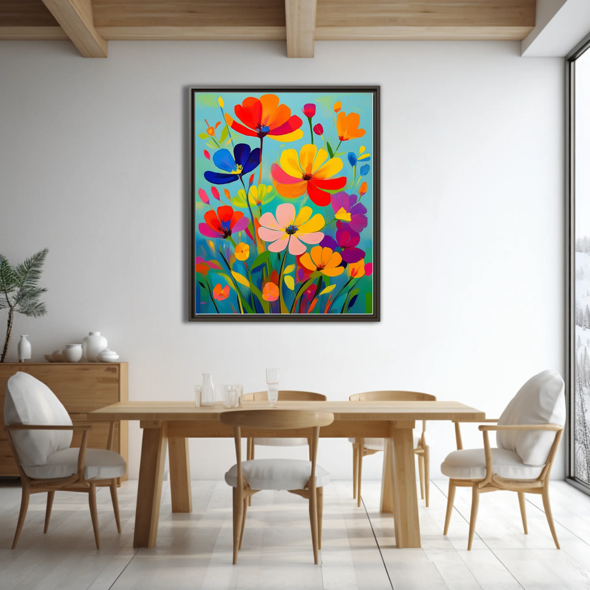 Saturated abstract floral composition in bold red, yellow, blue, and orange strokes