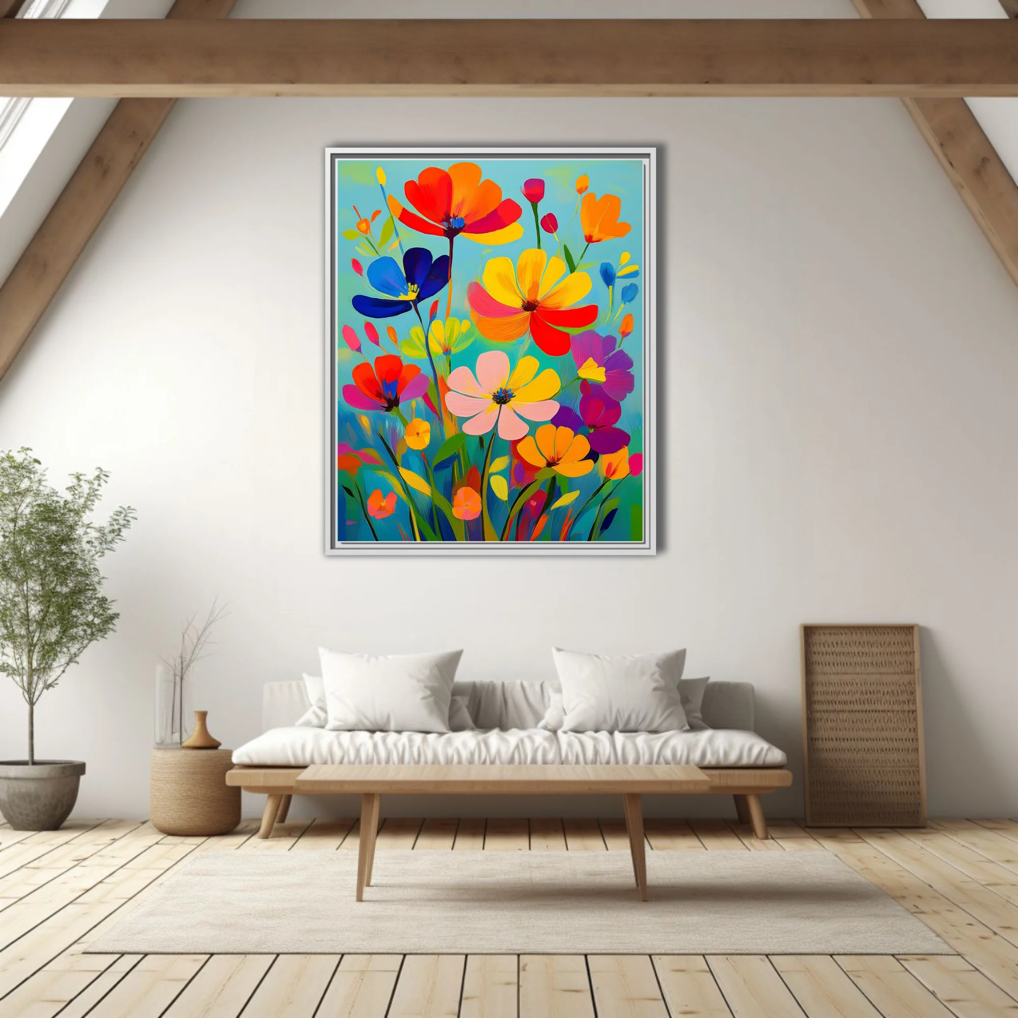 Saturated abstract floral composition in bold red, yellow, blue, and orange strokes