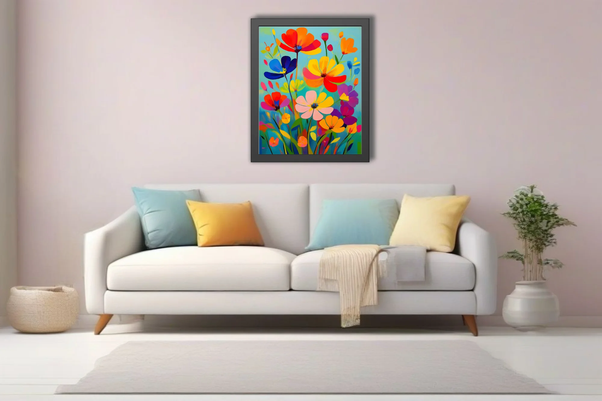 Saturated abstract floral composition in bold red, yellow, blue, and orange strokes