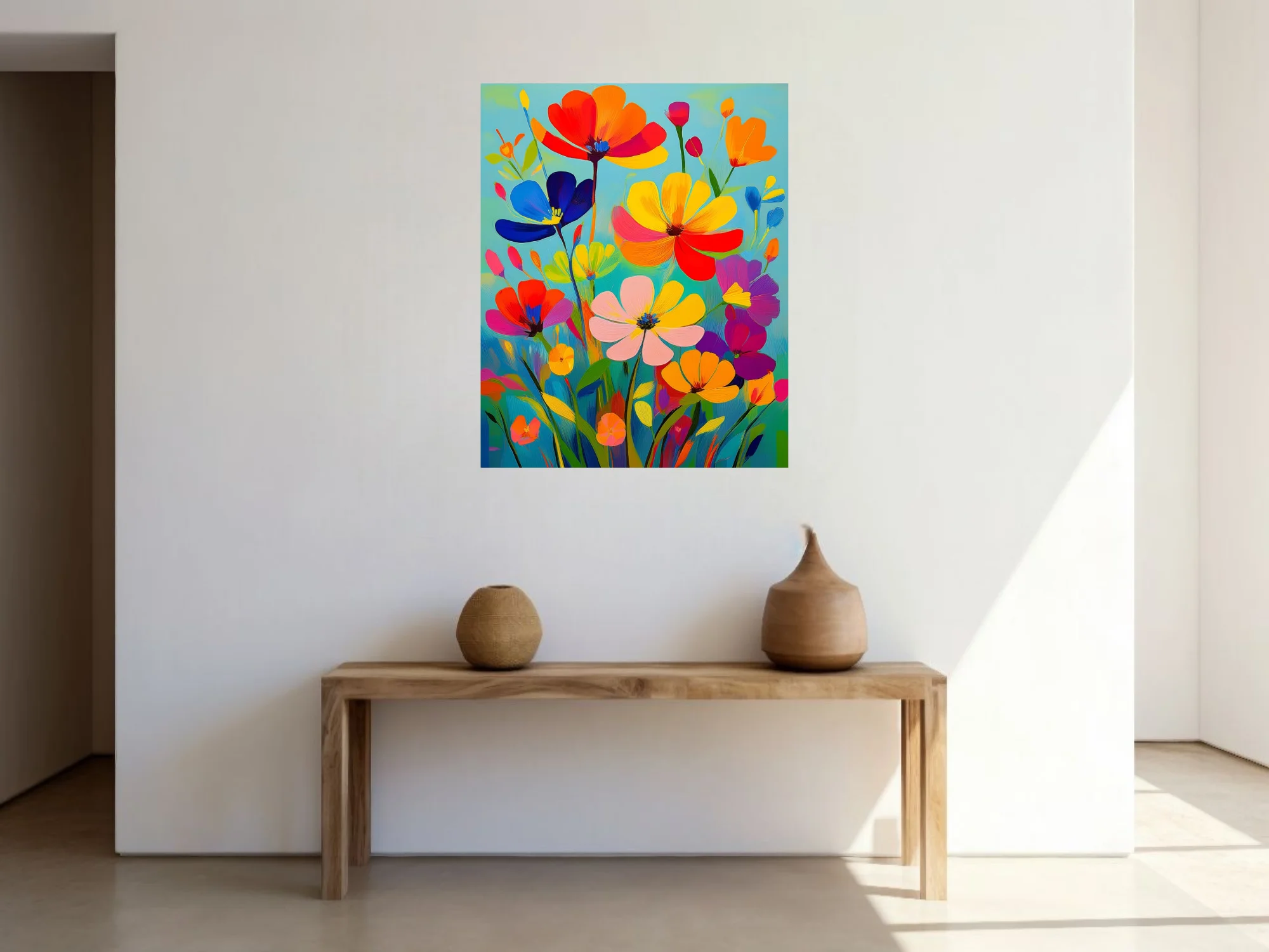 Saturated abstract floral composition in bold red, yellow, blue, and orange strokes
