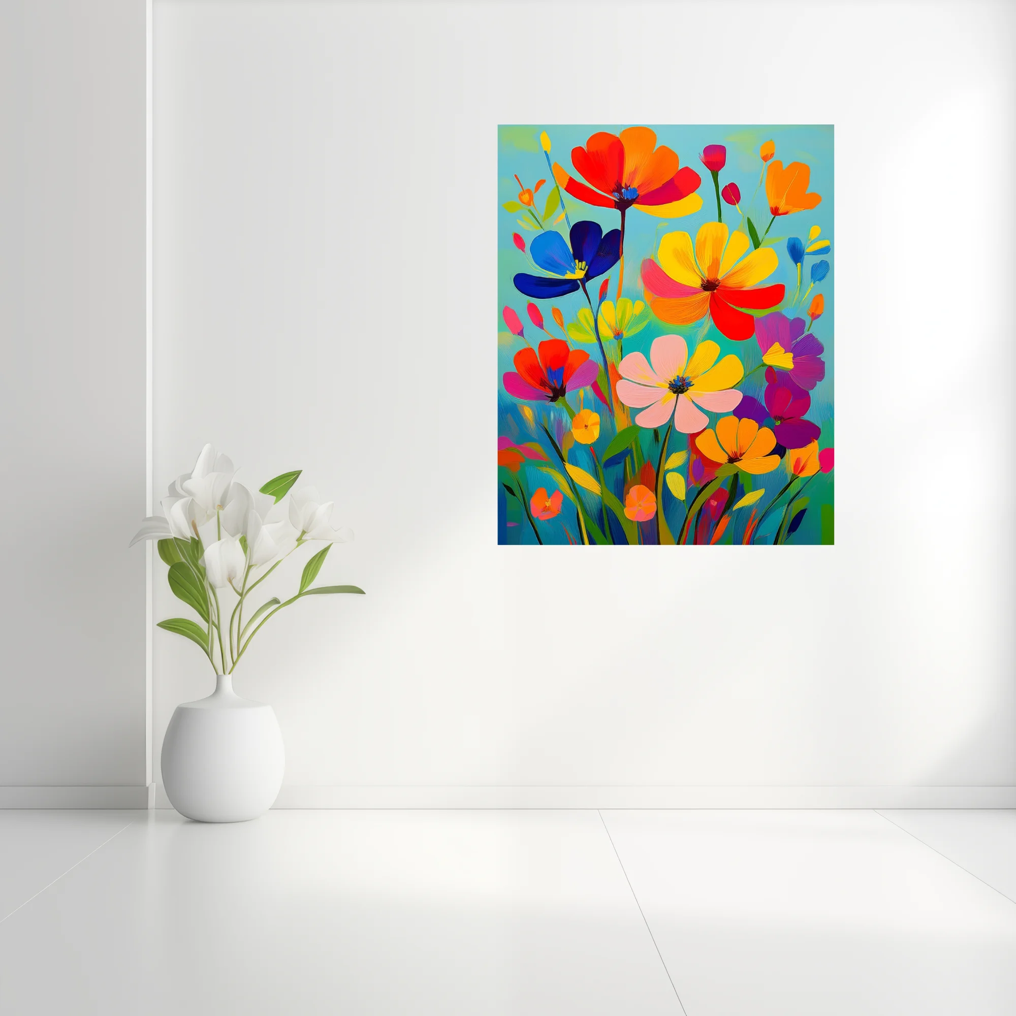 Saturated abstract floral composition in bold red, yellow, blue, and orange strokes