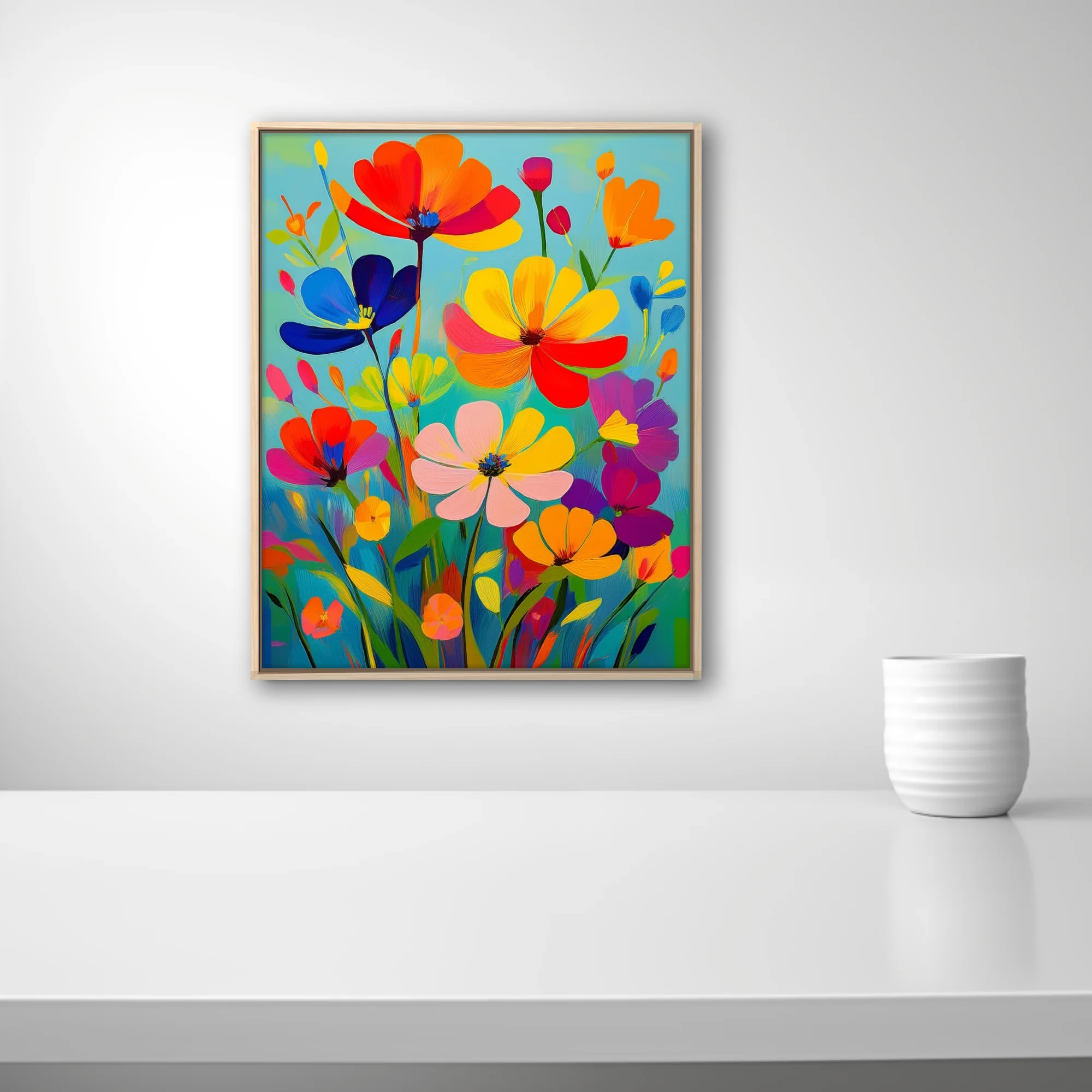 Saturated abstract floral composition in bold red, yellow, blue, and orange strokes