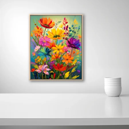 Brightly hued abstract floral artwork with vivid multicolor blooms and expressive strokes