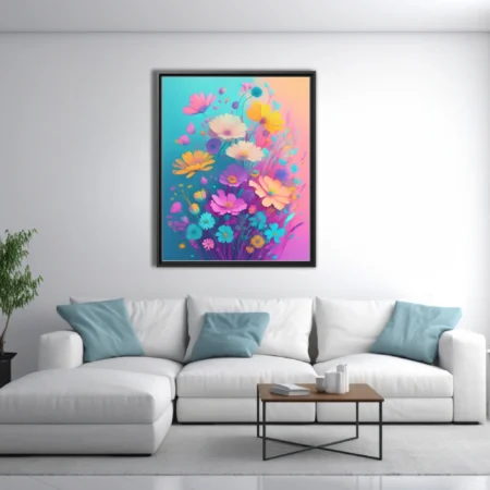 Abstract floral illustration vivid pastel wildflowers on teal pink gradient background