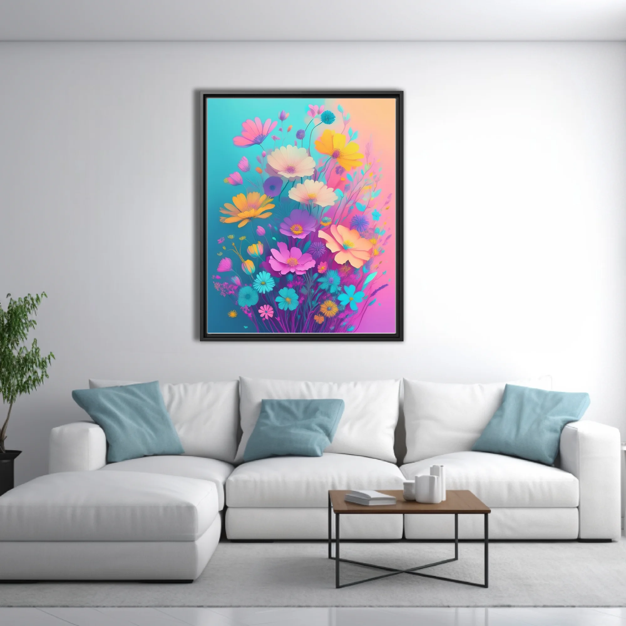 Abstract floral illustration vivid pastel wildflowers on teal pink gradient background