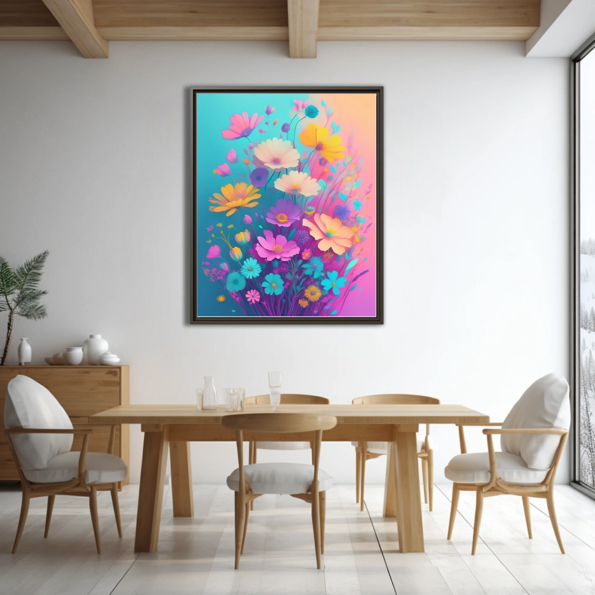 Abstract floral illustration vivid pastel wildflowers on teal pink gradient background