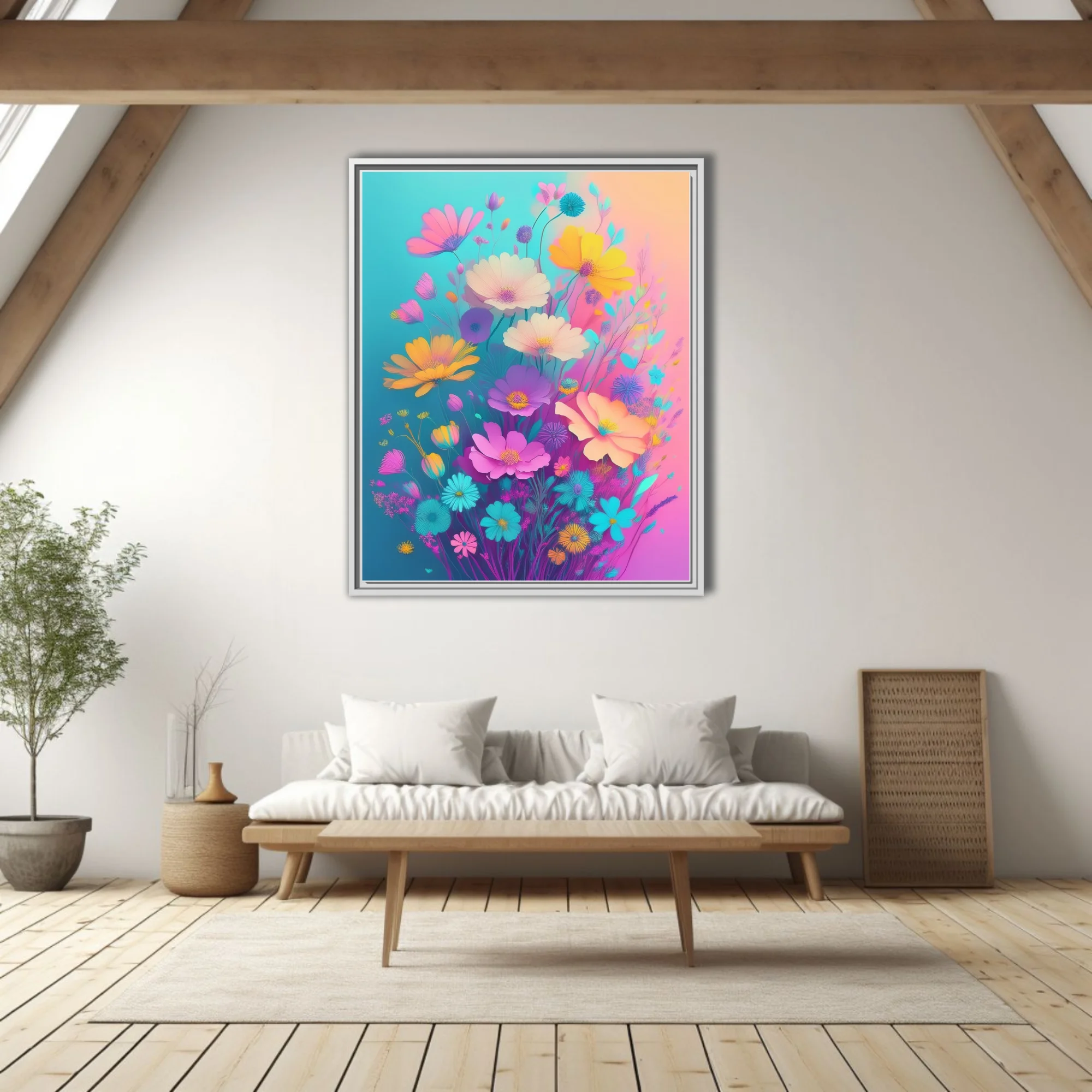 Abstract floral illustration vivid pastel wildflowers on teal pink gradient background