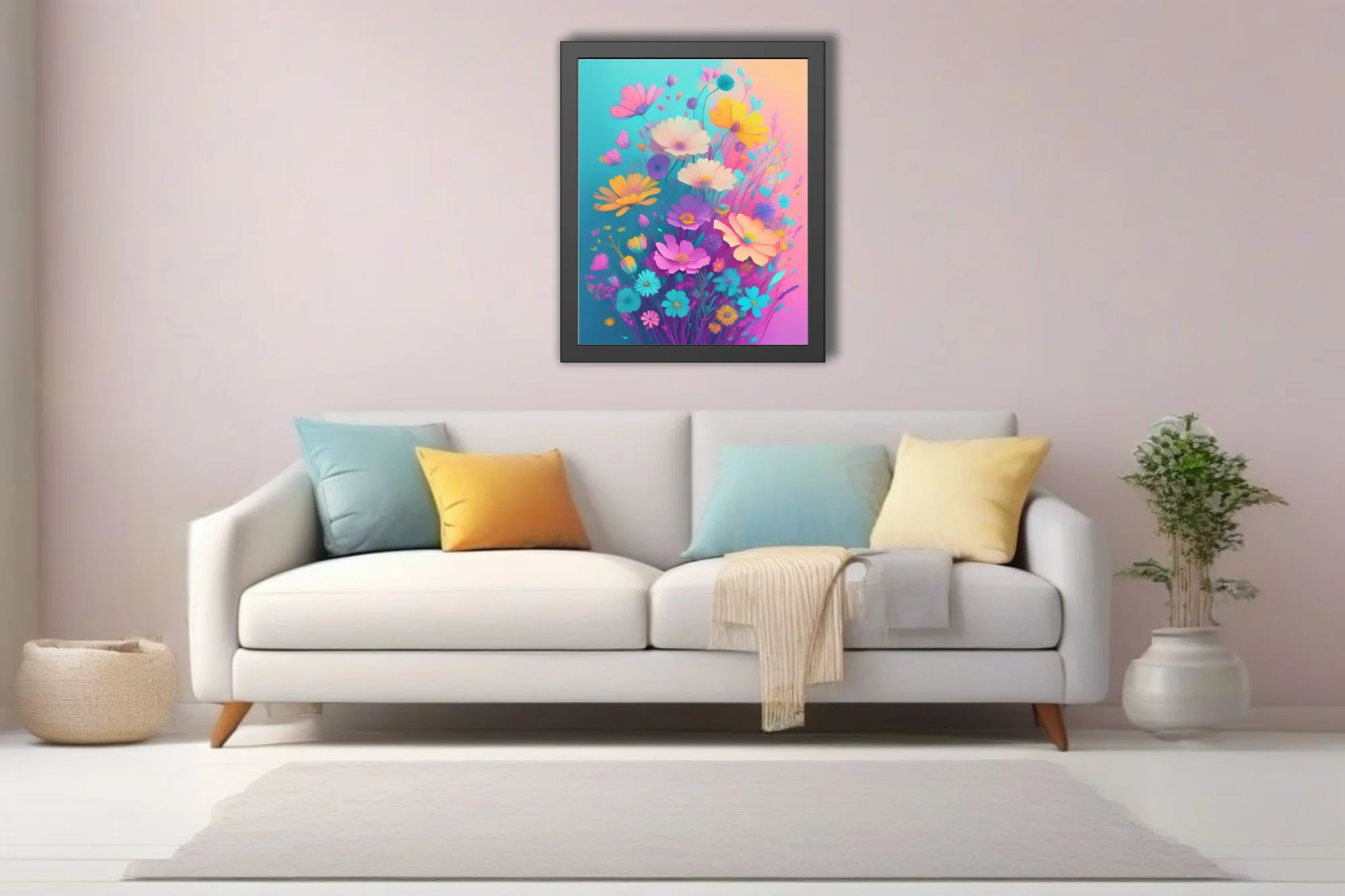 Abstract floral illustration vivid pastel wildflowers on teal pink gradient background
