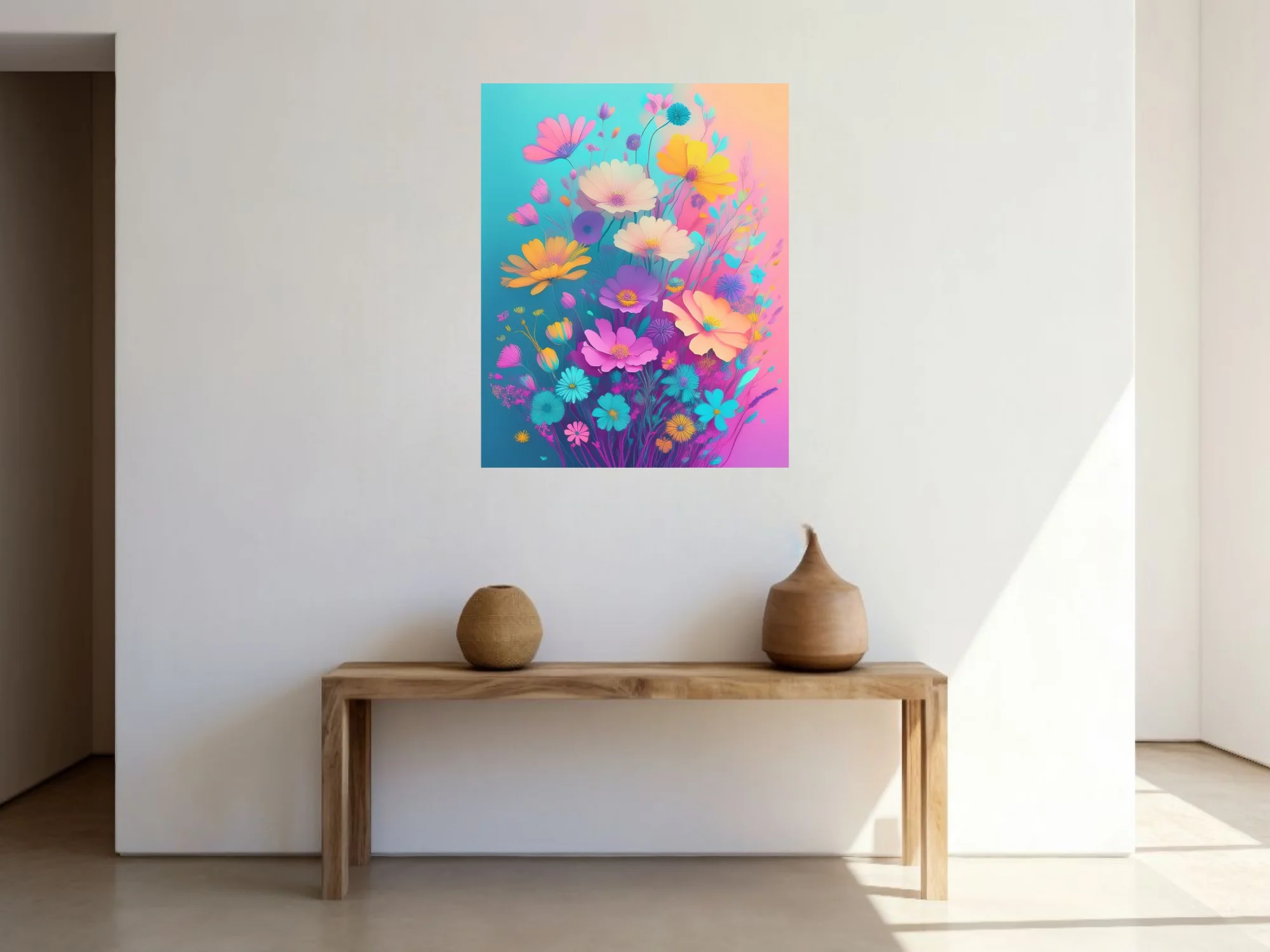 Abstract floral illustration vivid pastel wildflowers on teal pink gradient background