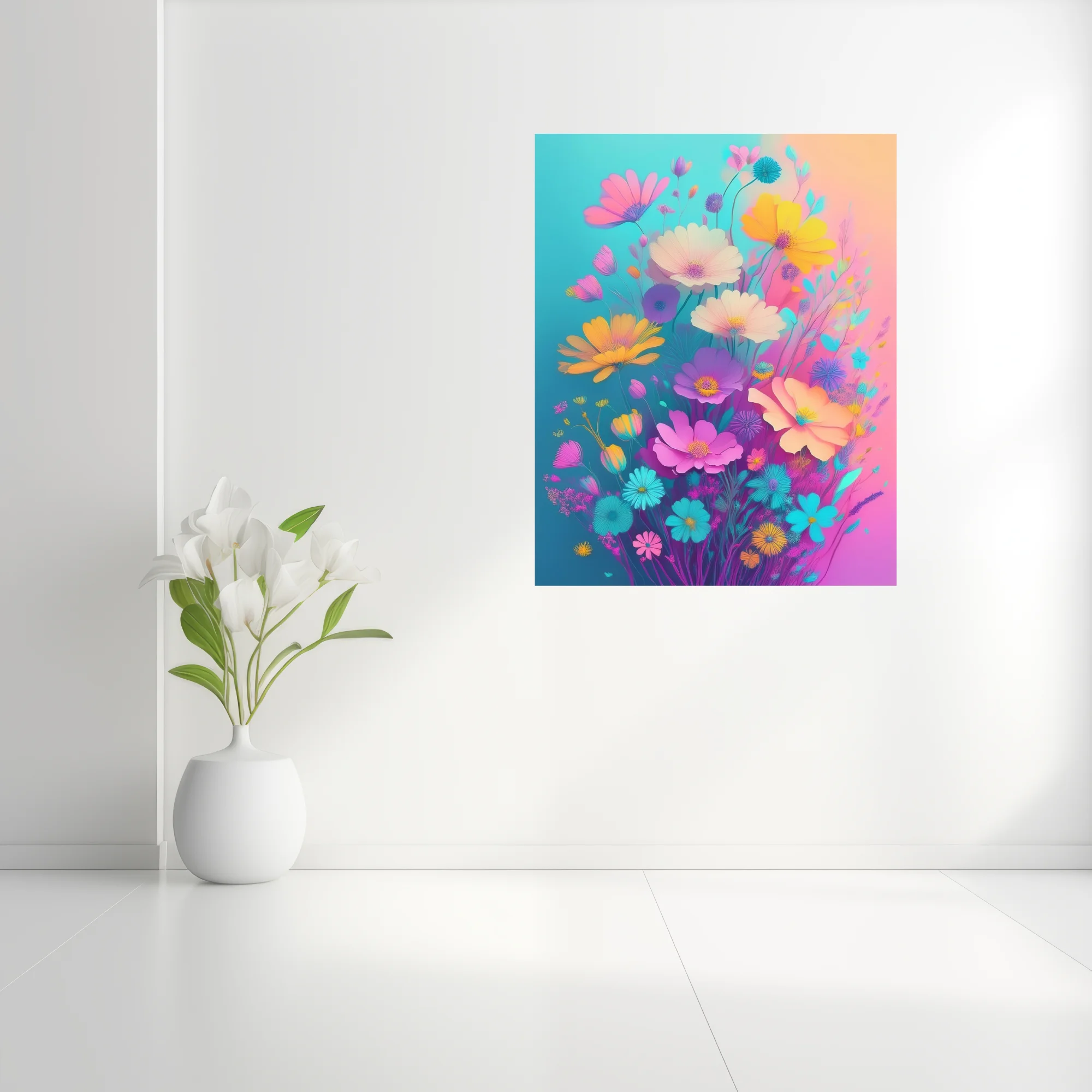 Abstract floral illustration vivid pastel wildflowers on teal pink gradient background