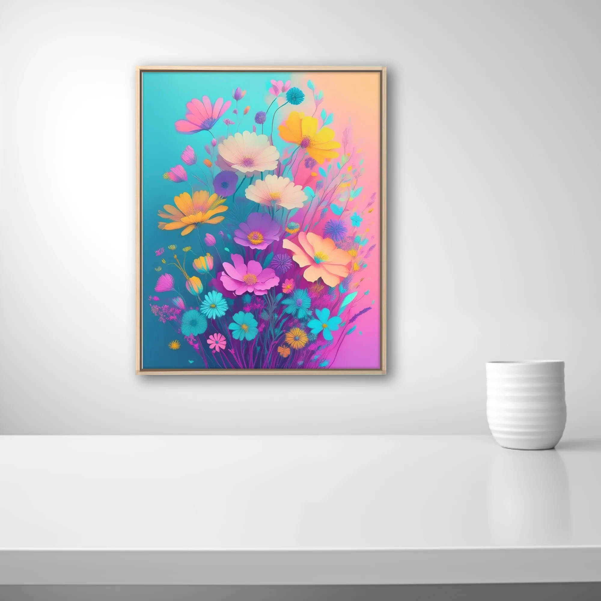 Abstract floral illustration vivid pastel wildflowers on teal pink gradient background