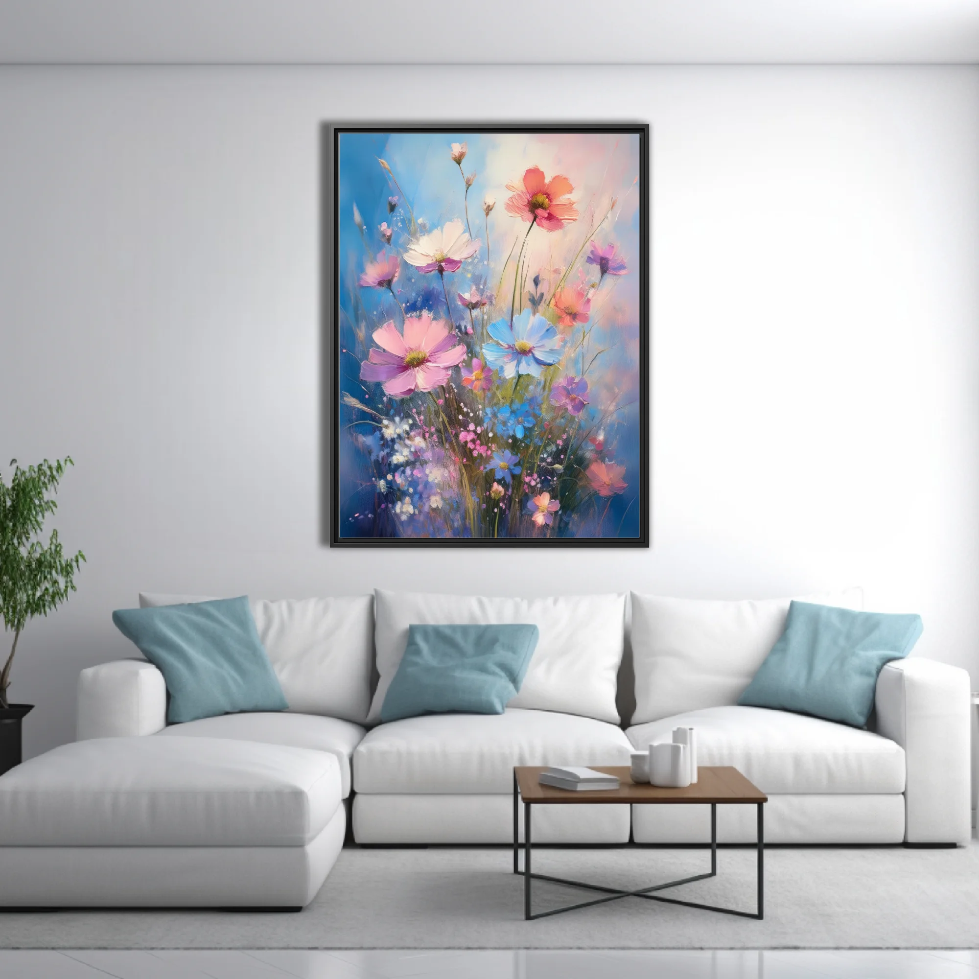 Painterly wildflower composition in pink, coral, and blue with petals on cobalt