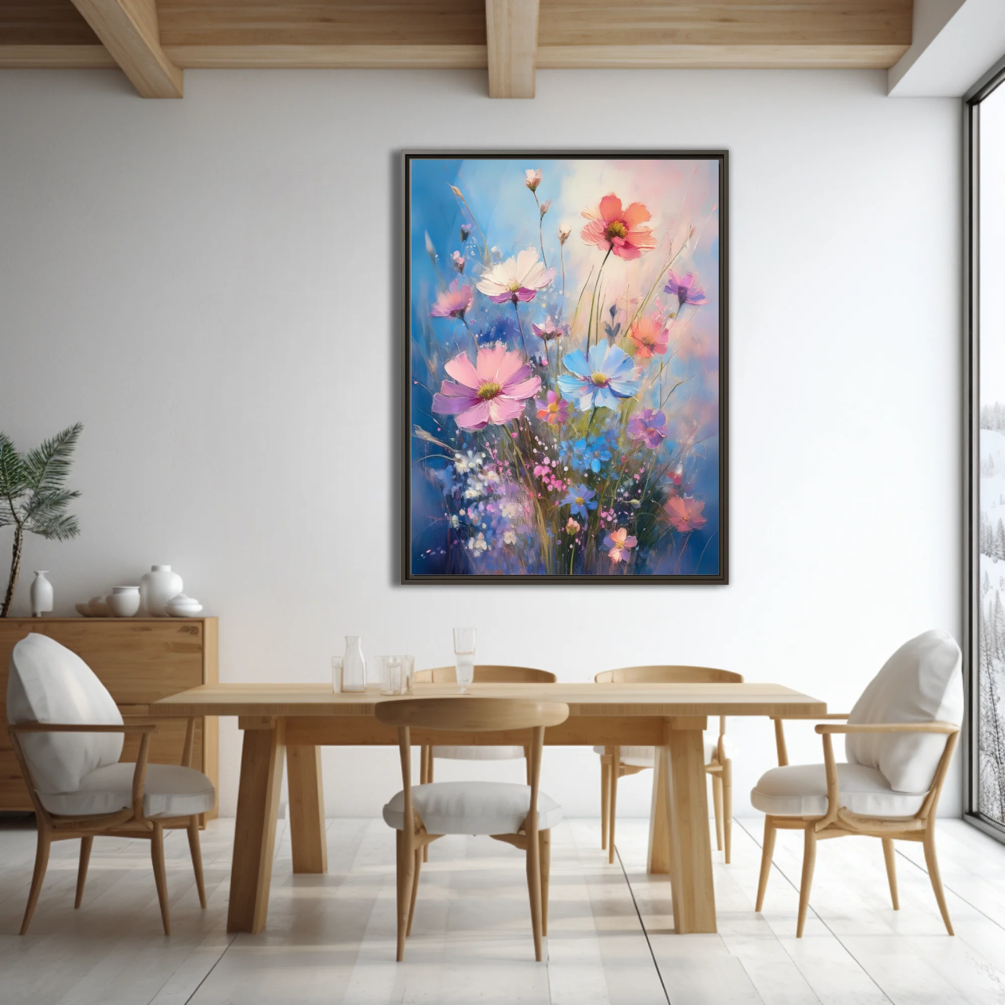 Painterly wildflower composition in pink, coral, and blue with petals on cobalt