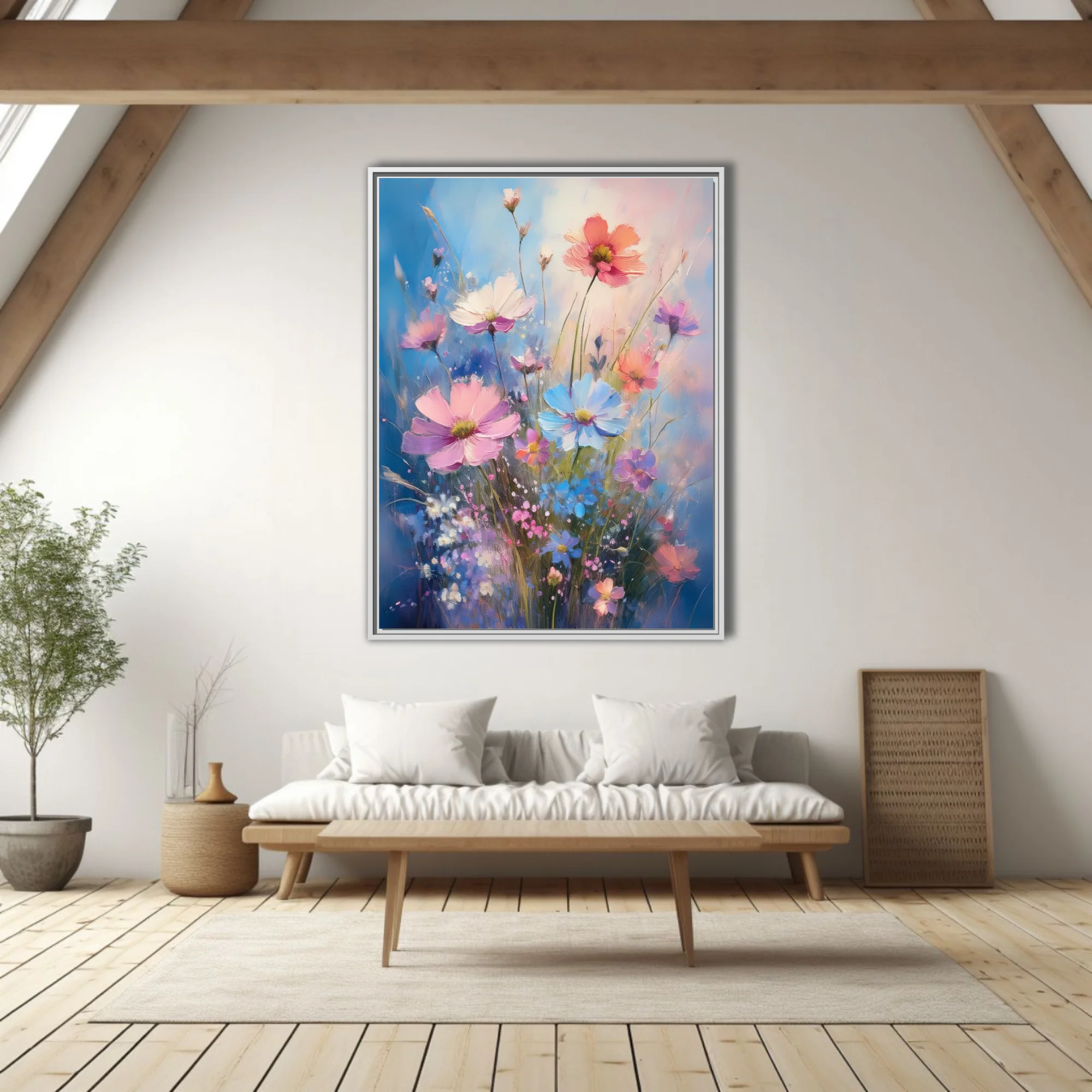 Painterly wildflower composition in pink, coral, and blue with petals on cobalt