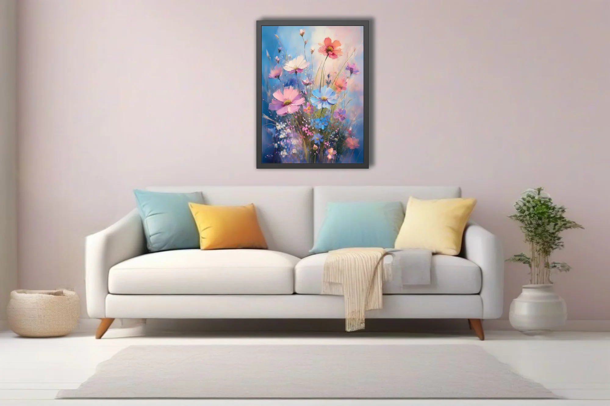 Painterly wildflower composition in pink, coral, and blue with petals on cobalt
